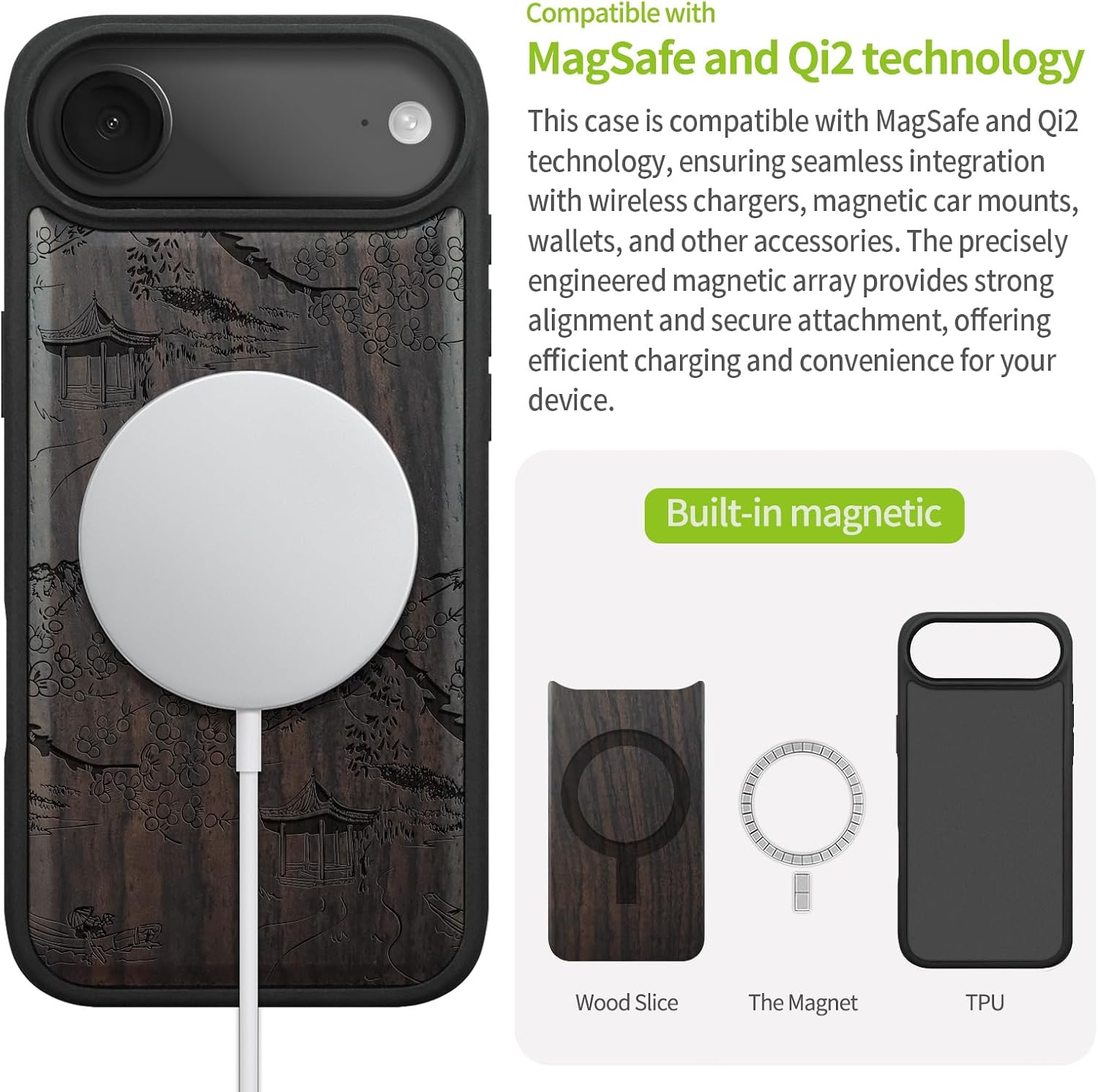 Carveit Magnetic Wooden Case for iPhone Air Case, Wood Artisan Engraved & Soft TPU Shockproof Cover, Compatible with MagSafe 17 Air Wireless Chargers (Chinese Landscape Painting) Blackwood
