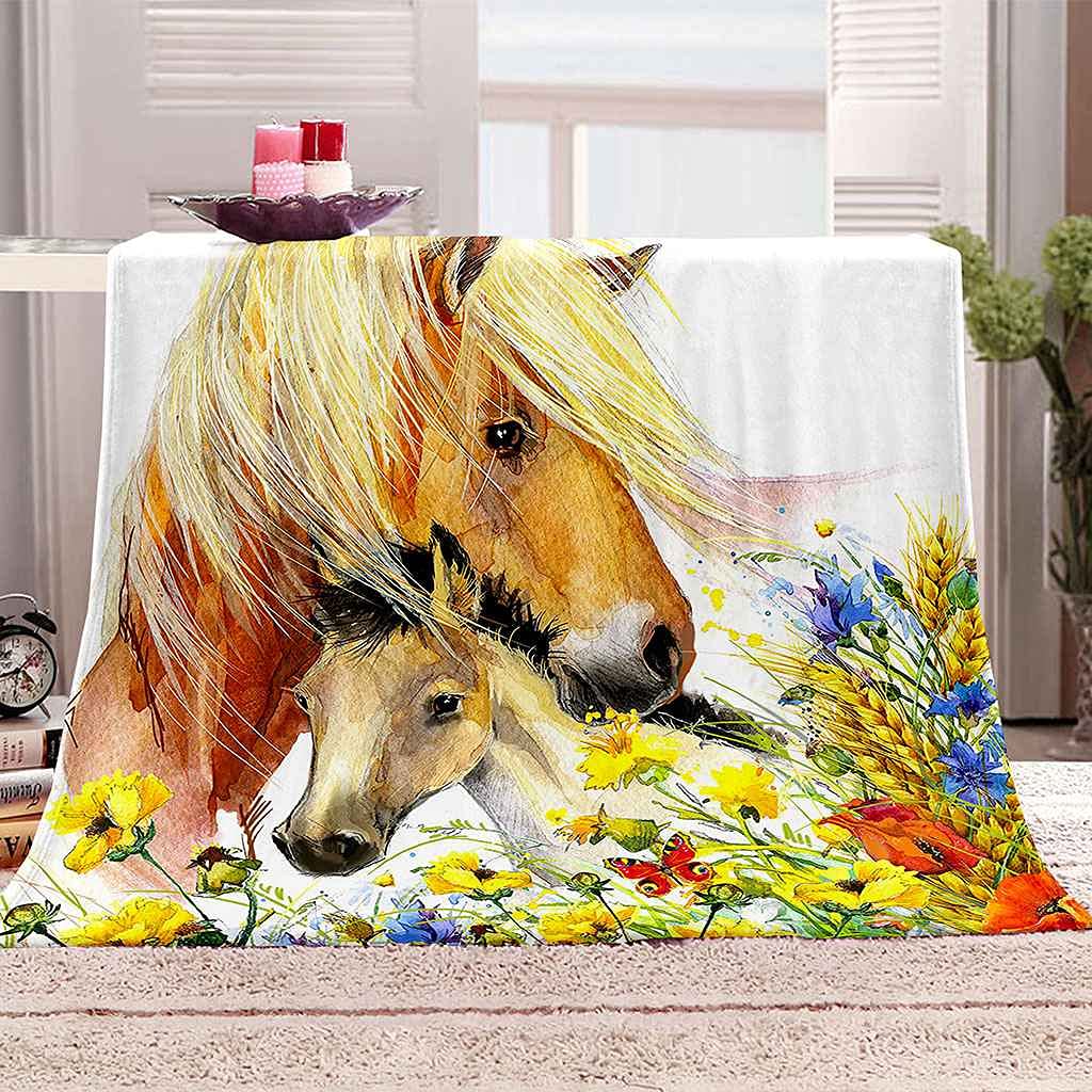Couverture flanelle cheval aquarelle 150x200cm cadeau canapé