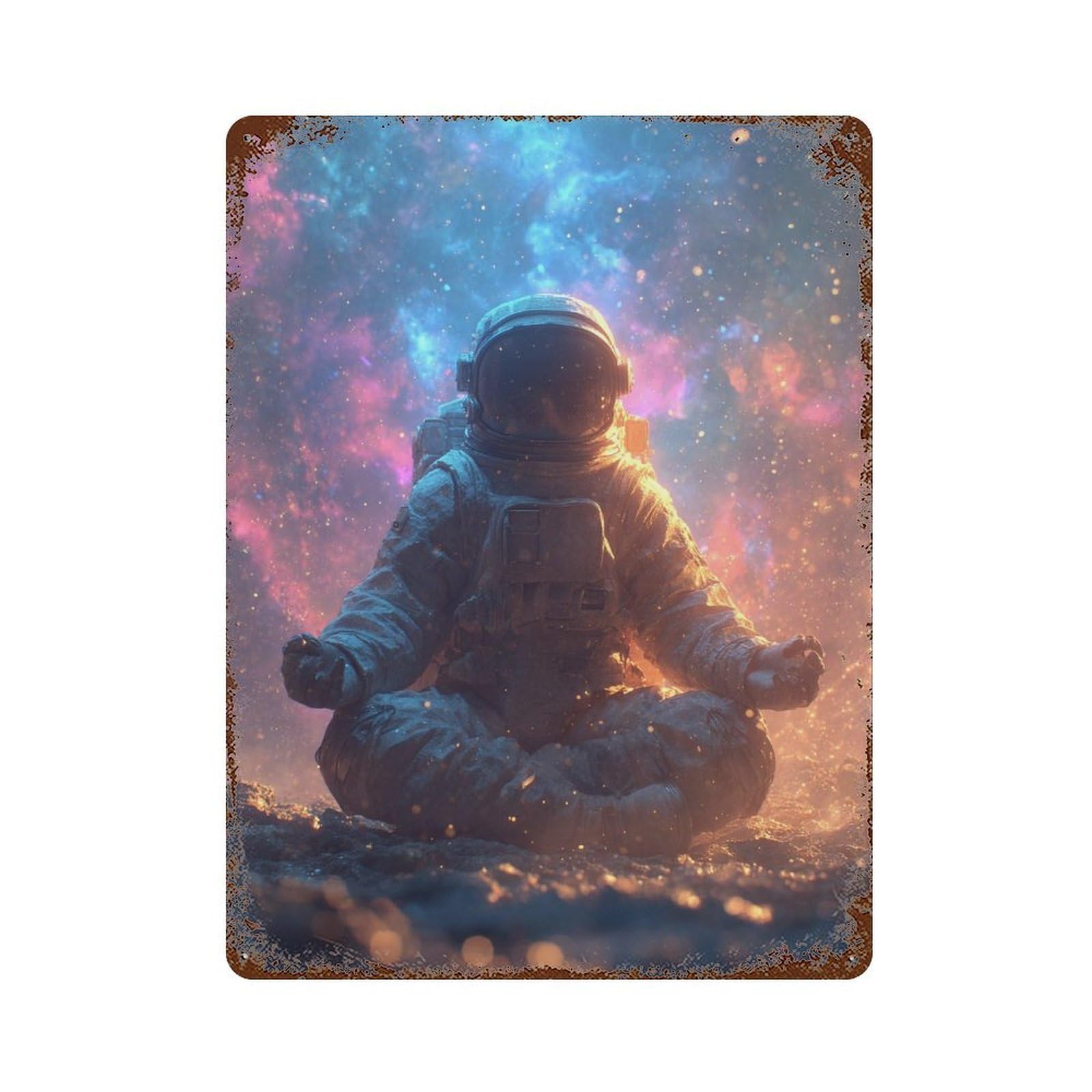 Astronaut Meditating in Space-2 Weathered Tin Sign 15.7"x11.8", Rustic Home Decor for Garage, Bar And Workshop Decor