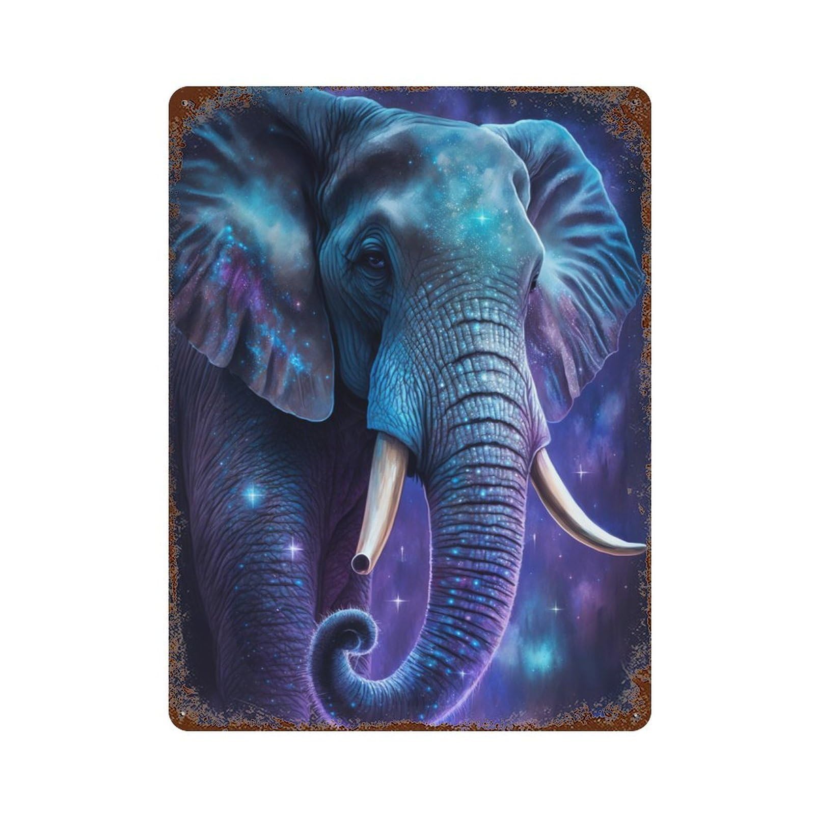 Rust Effect Cosmic Elephant Art Print-10 Aged Metal Wall Plaque 15.7"x11.8", Shabby Chic Decor for Living Room, Hallway And Home Decor
