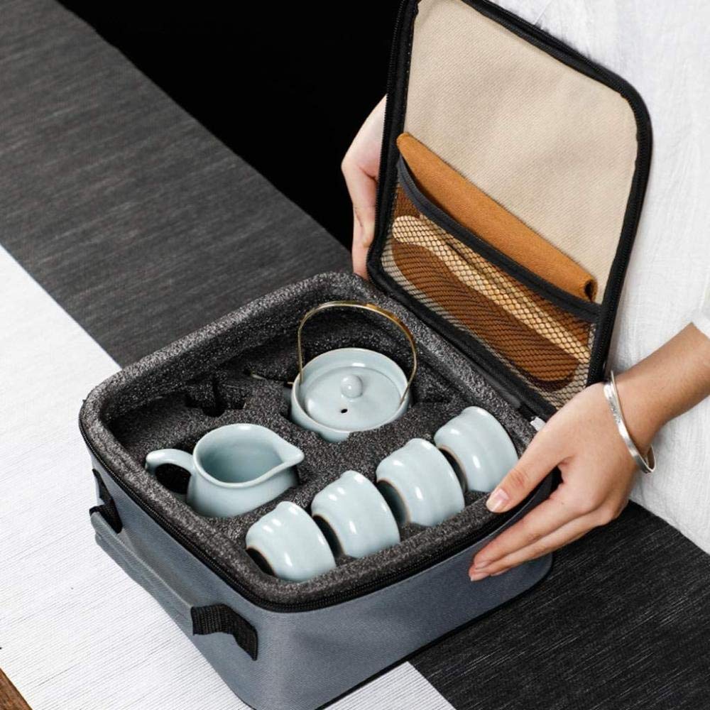 Chinesisches Kung-Fu-Tee-Set aus Keramik, tragbares Reise-Fu-Teeset mit Holz-Teetablett, handgefertigt, Vintage-Tee-Set, Ge Yao Ru Yao Reise-Tee-Set, Blau