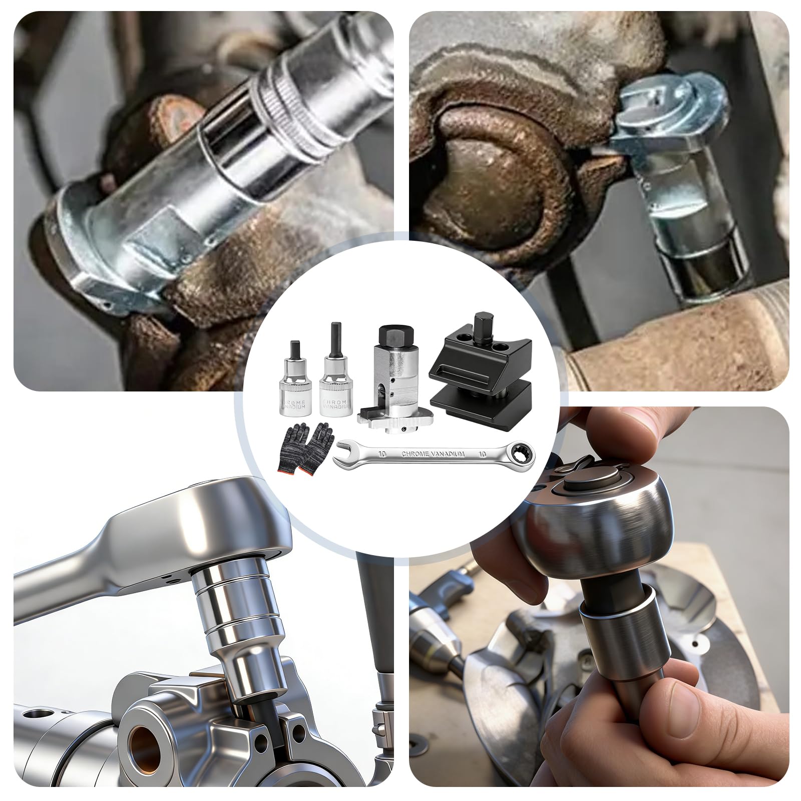 Kit Écarteur de Jambe de Force 4 Pièces – Écarteur de Roulement de Roue en Acier Trempé, avec Gants et Clé, Outil pour Réparation Amortisseur, pour Voitures, Suv et Véhicules Utilitaires