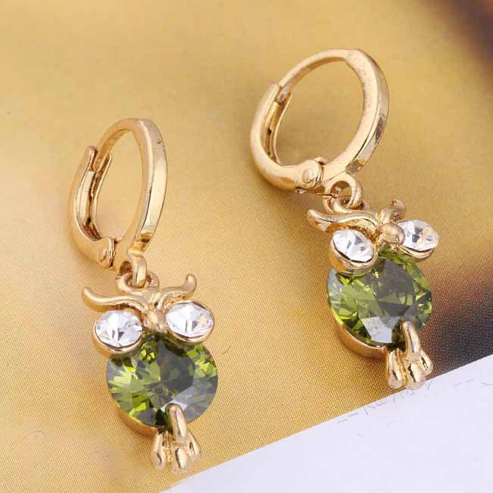 Pendientes de Fiesta para Bodas Mujer Oro Amarillo 18K Granate Verde Redonda Búho Pendientes Colgante