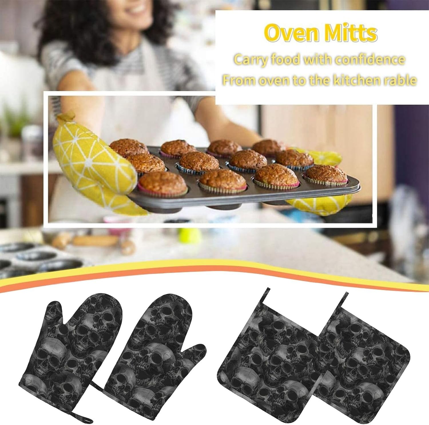 Scary Skull Halloween Horror Oven Mitts And Pot Holders Set Of 4 Silicone Heat Resistant Oven Mitten Potholders Non Slip Gloves Kitchen Decor For Bbq Cooking Grilling Baking
