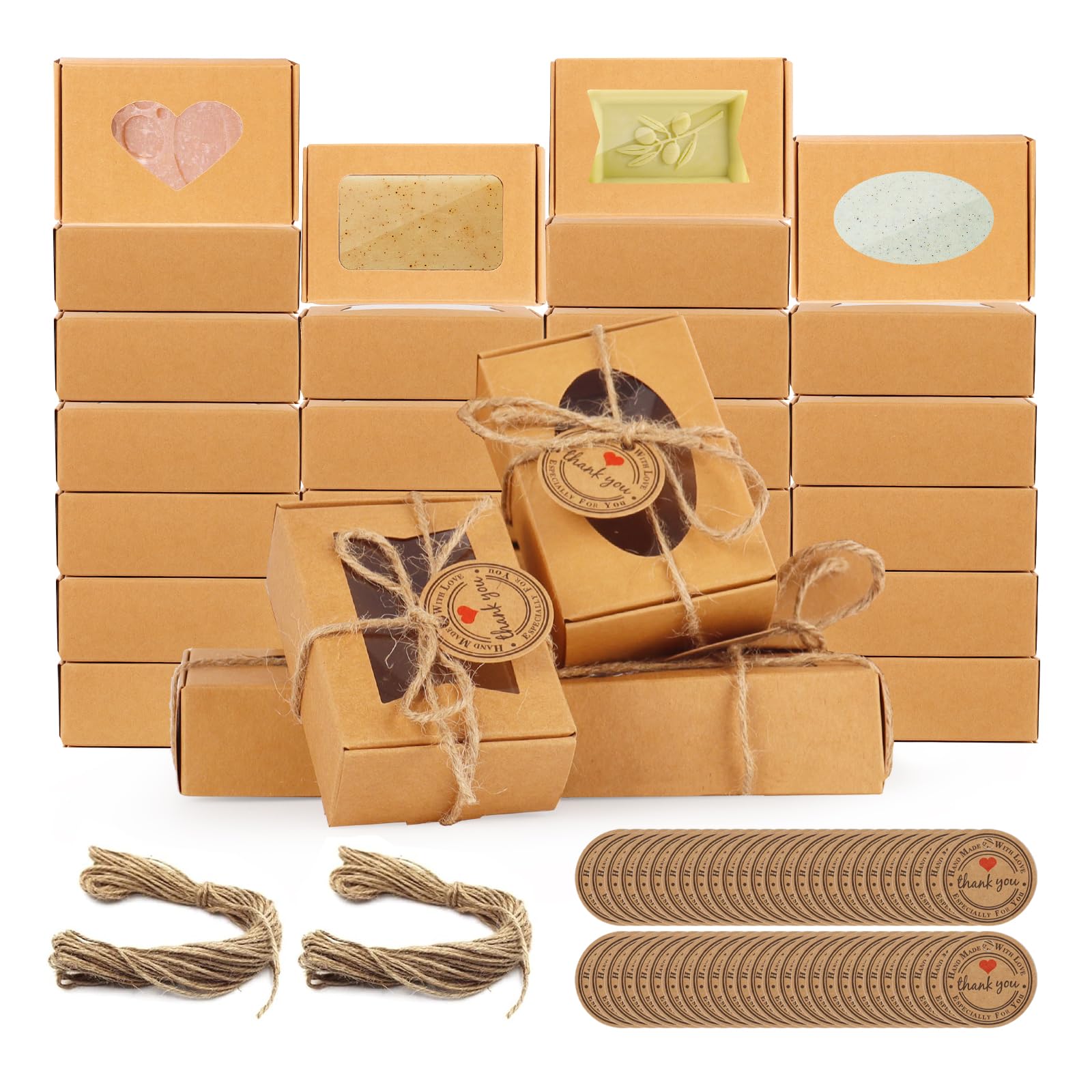 RYKOMO 60 PCS Kraft Soap Boxes with Window - Mini Soap Gift Boxes for Homemade Bakery, Candy, Cookies Packaging - 3.55 x 2.4 x 1.2 Inch