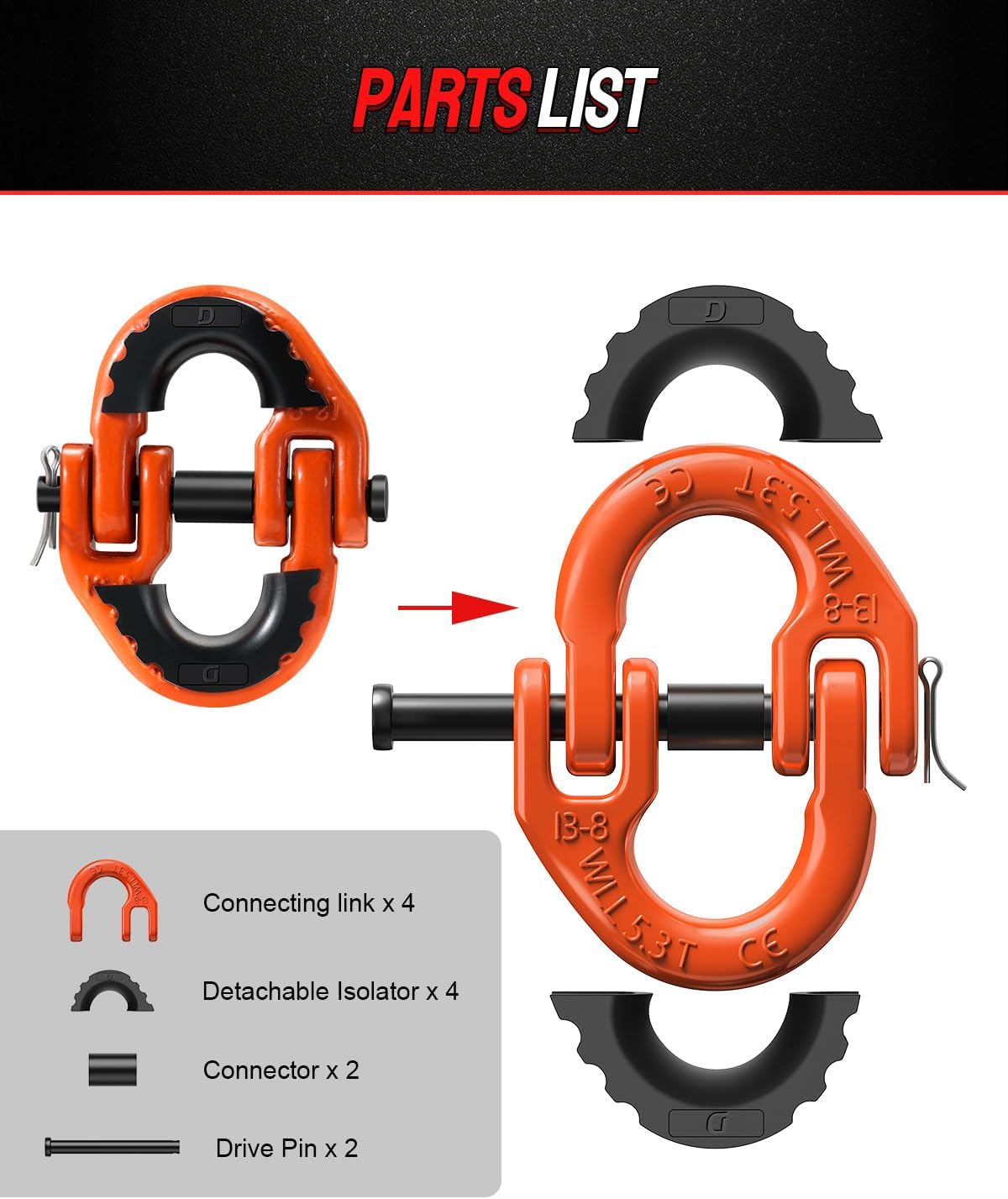 DAYDOOR 1/2" Trailer Safety Chain Hooks,G80 Safety Chain Shackle,12000 lbs Loading Tow Chain Connector, Tow Hitch Hammerlock Coupling Link with Rubber Isolators for Trucks,Trailers(2-Pack)(Orange) - Image 2