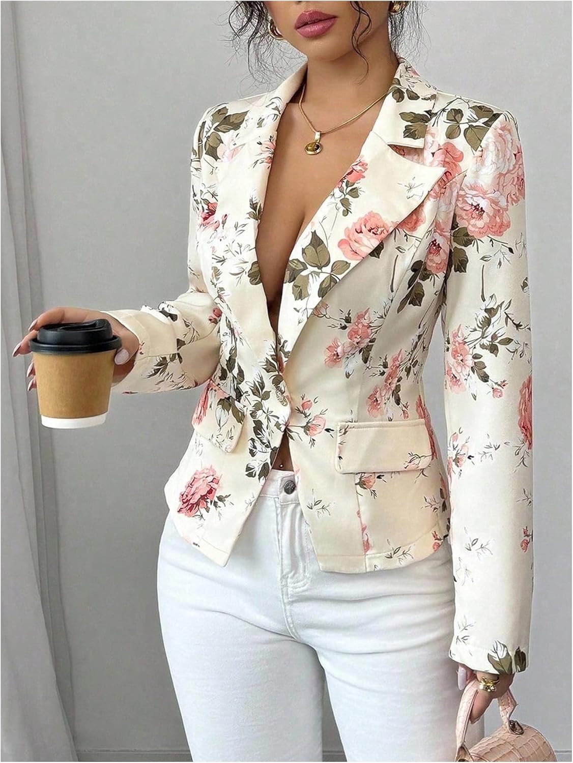 SweatyRocks Women's V Neck Floral Print Fitted Blazer Lapel Collar Long Sleeve Button Up Office Work Jackets