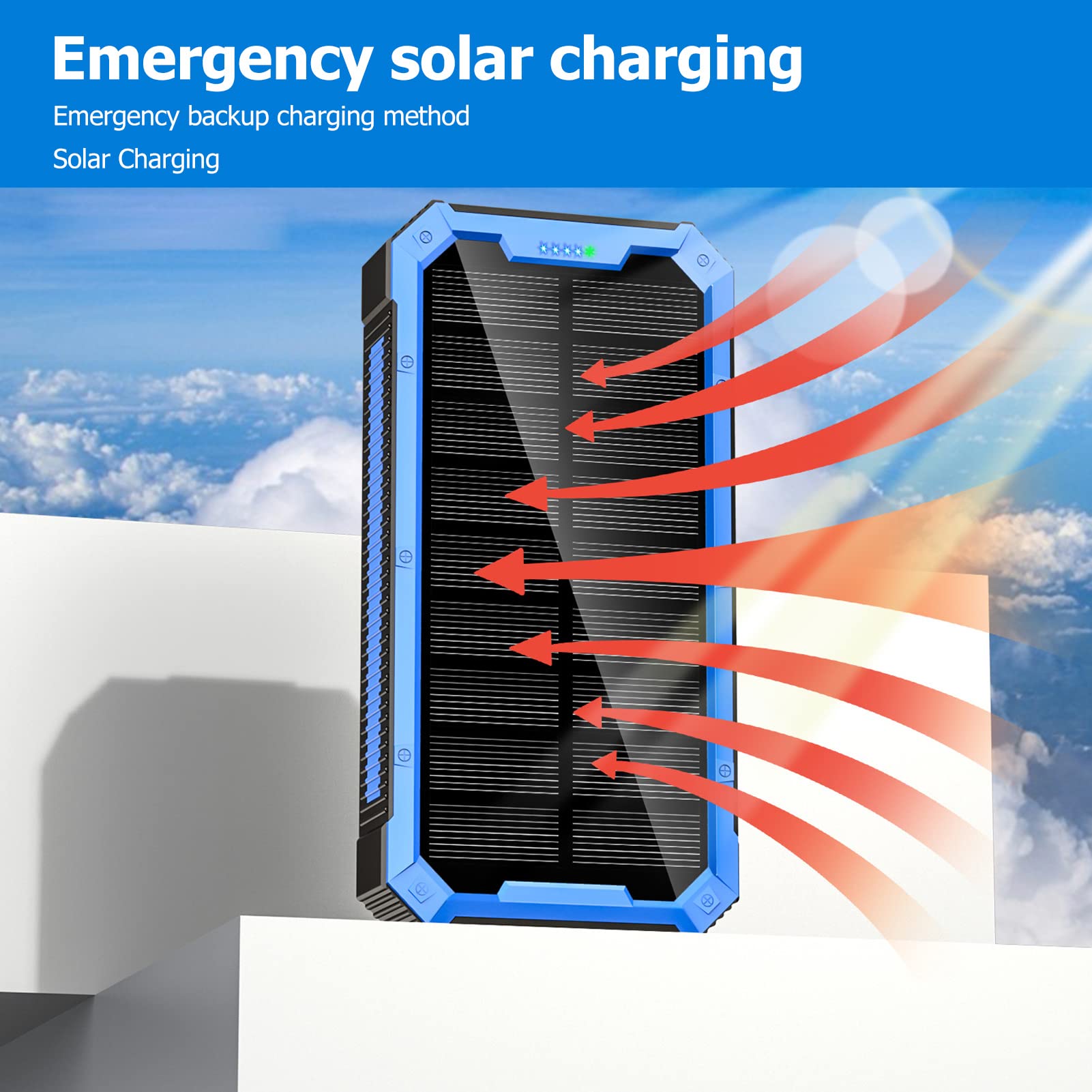 Chargeur Solaire Power Bank 36800 MAh avec Charge Rapide sans Fil, 4 Sorties USB, Entrée, 34 LED pour Le Camping en Plein Air, la Randonnée, Les Voyages