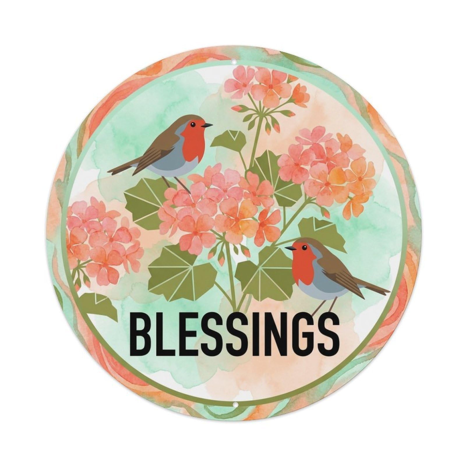 Geranium Sprig Blessings Watercolor Bird Slogan Metal Tin Sign