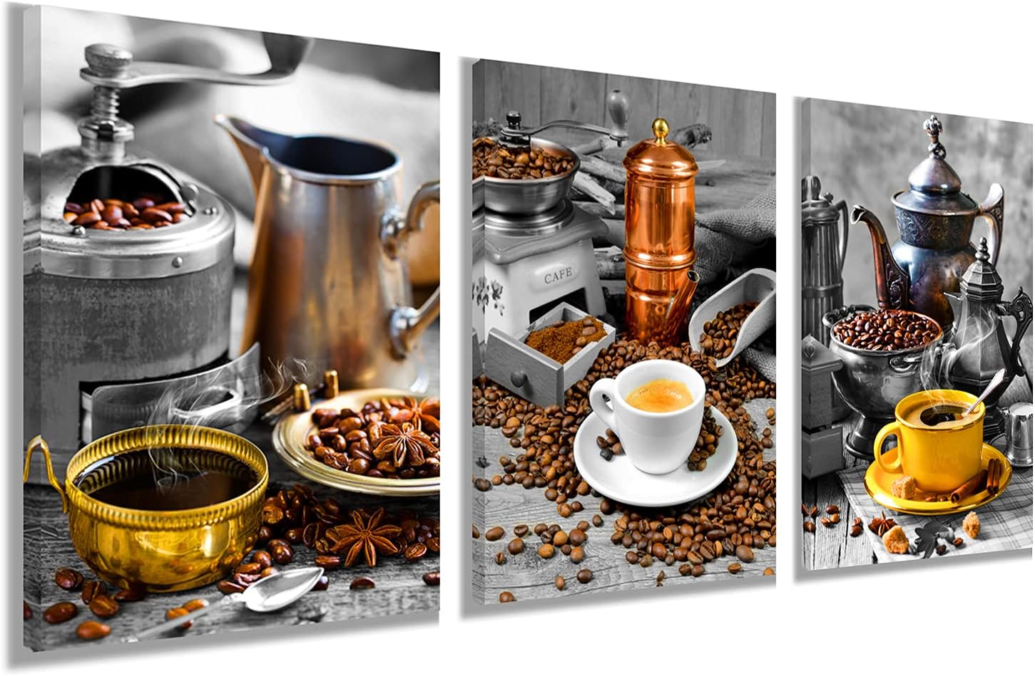 AIJUANW Coffee Wall Art Kitchen Decor,Coffee Bean Coffee Cup Canvas Wall Art Restaurant Decor,Coffee Shop Decor Framed Posters Paintings