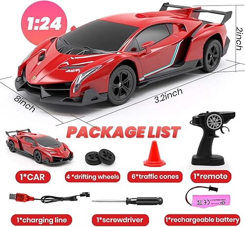 Miniatura 4 de QUN XING Auto a control remoto 124 con licencia oficial Lambo Veneno RC Drift Car con luces LED 2.4GHz 4WD 15KMH Control de velocidad rápida batería