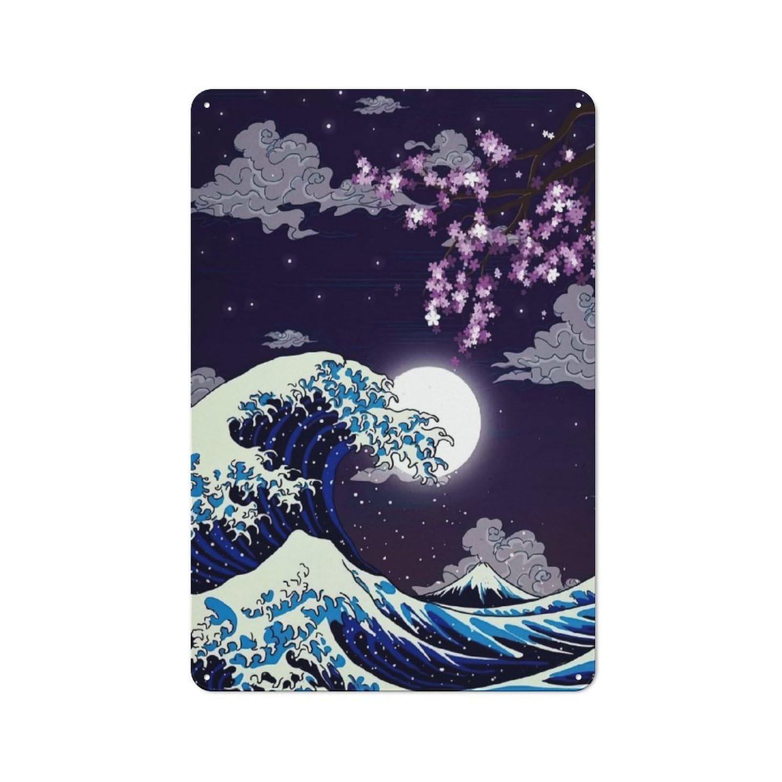 Great Wave Cherry Blossom Night Rustic Tin Sign 30x20cm for Man Cave Or Games Room, A Decorative Gift for A Newly Furnished Man Cave And Games Room