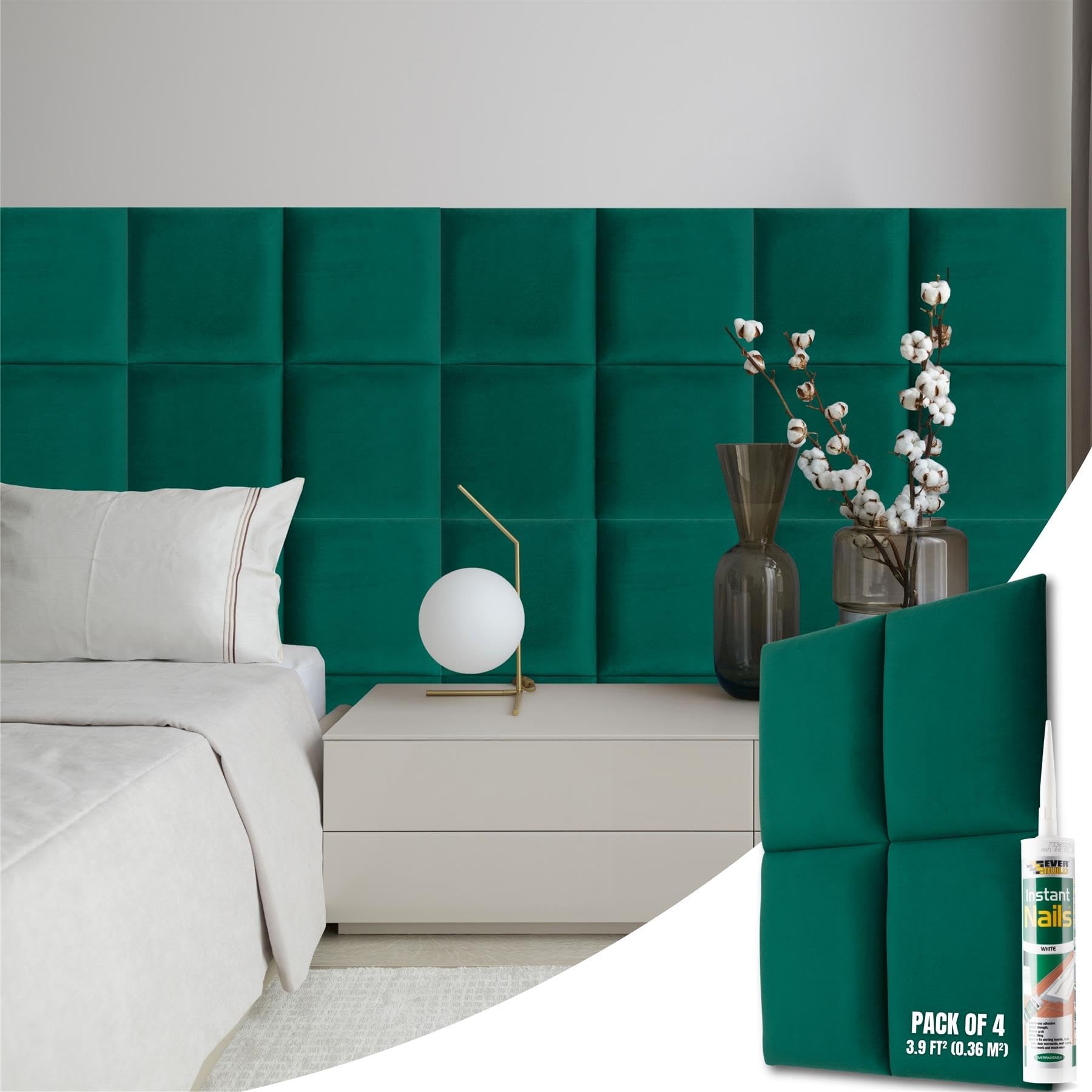 NOVECRAFTO Velvet Padded Wall Panels Set of 4 - Green Upholstered Anti-Collision Panels with Adhesive - H11.8 x W11.8 (30x30cm) Cushioned Paneling for Beds, Kids Room, Hallways & Feature Walls