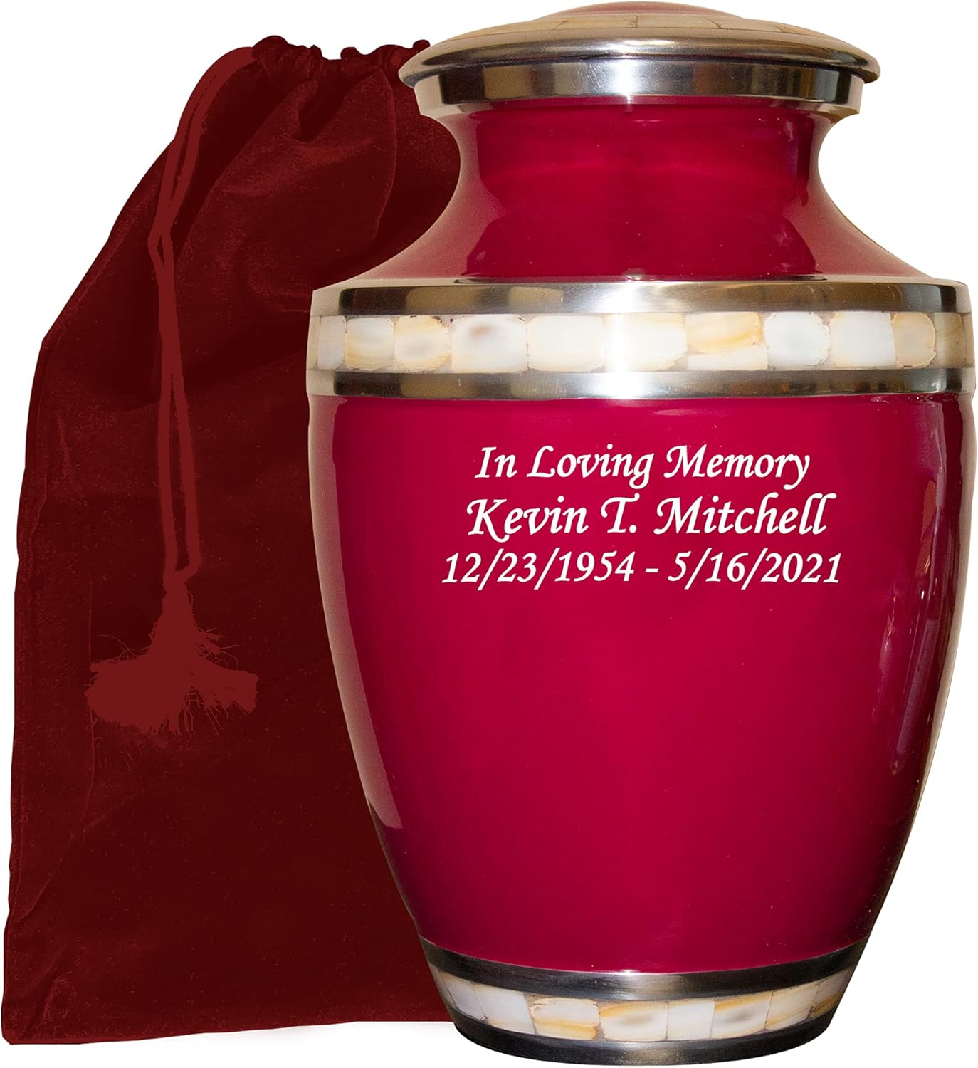 Large Custom Engraved Mother of Pearl Human Funeral Cremation Urn with Velvet Bag (Blue)