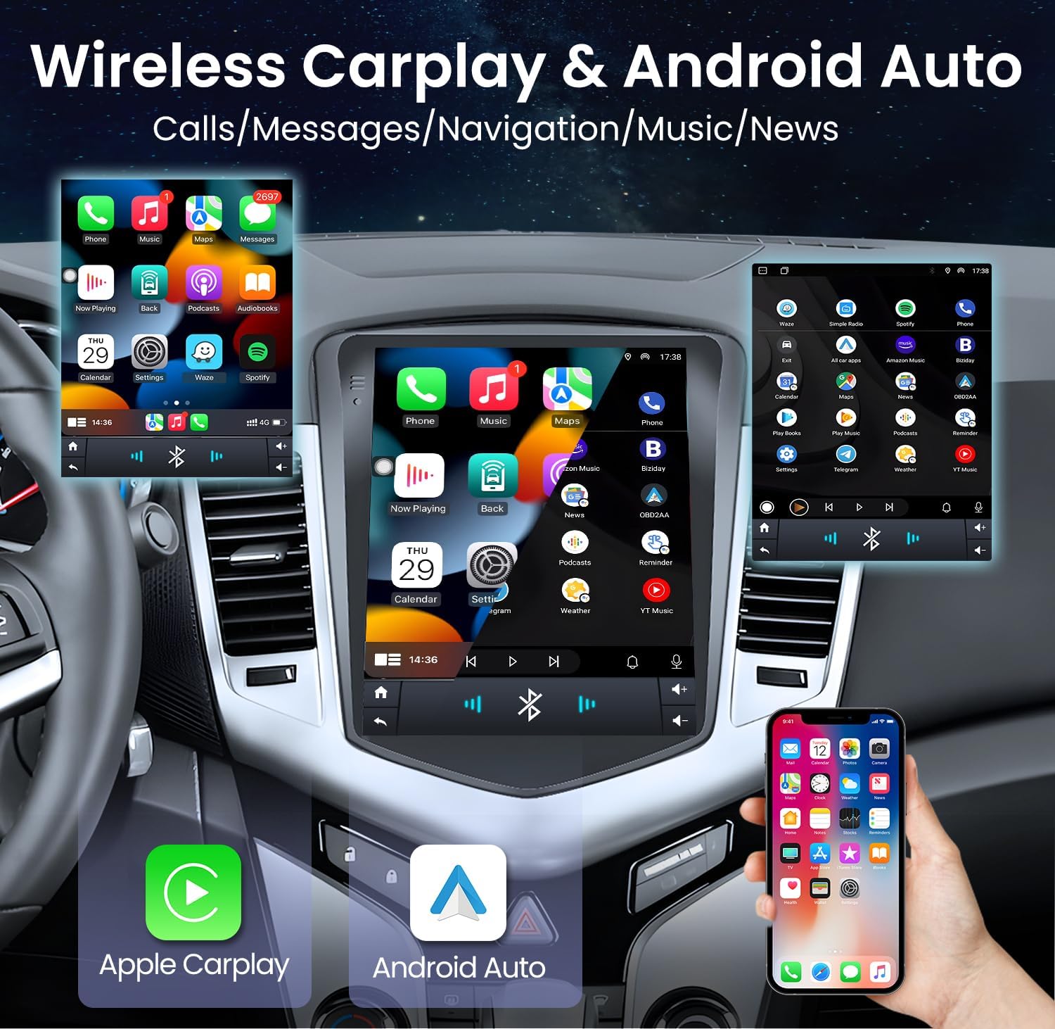 4GRAM 64GROM Car Radio for Chevrolet Chevy Cruze 2009-2015:Wireless CarPlay Android Auto IPS Touch Screen Android 13 GPS 5G WiFi Bluetooth 5.4 32EQ FM SWC