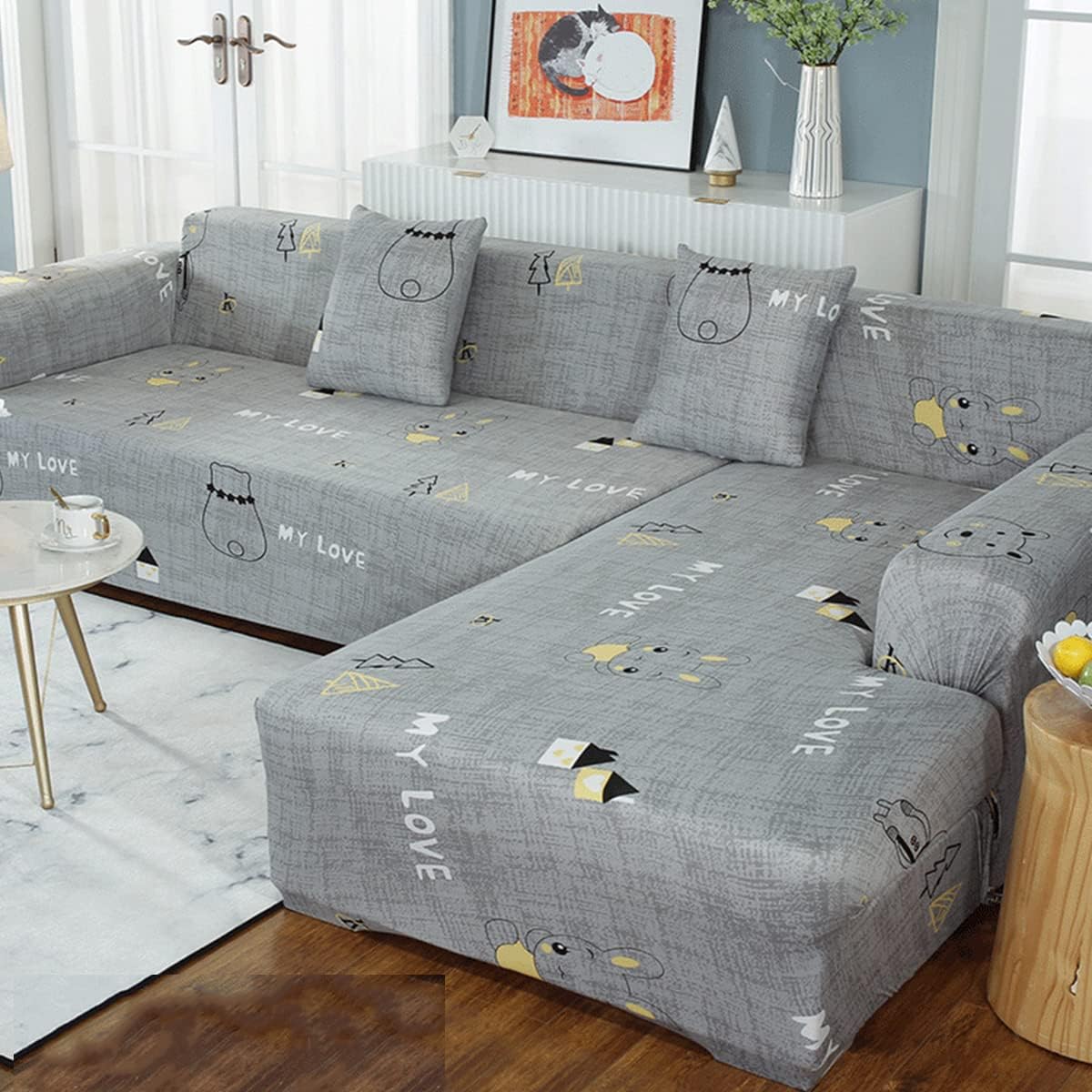 1 pcs Sectional Couch Covers, Printed L-Shaped , Stretch Couch Slipcovers for Sectional Sofa,Suitable for Combined Chaise Longue Cover (Pattern DWY,3 seat )