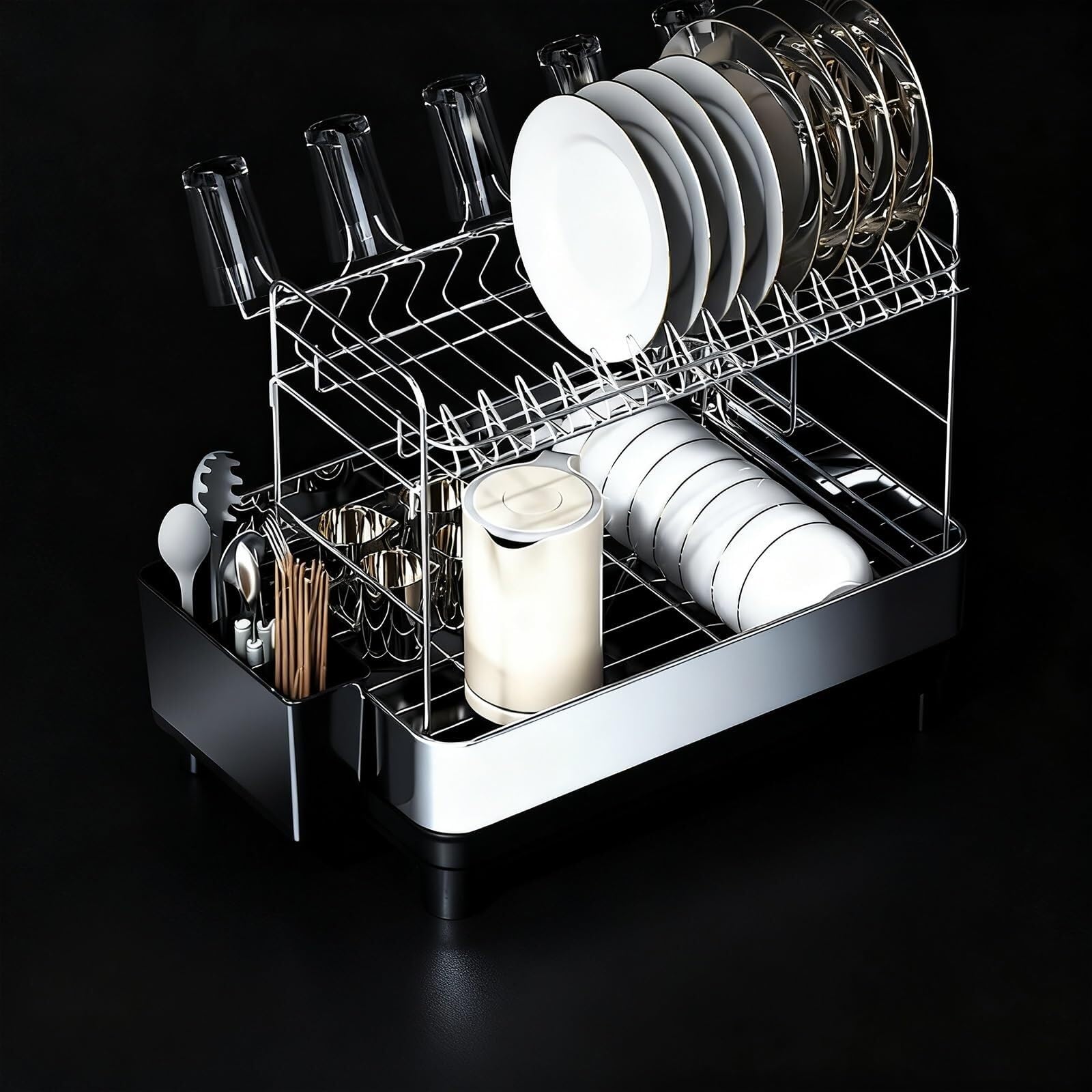 Lkvent dish drainer Dish Drying Rack for Kitchen Counter, Dish Drainers with Automatic Drainage Space Saving Kitchen Organizer drying(Watermark Silver,Double layer)