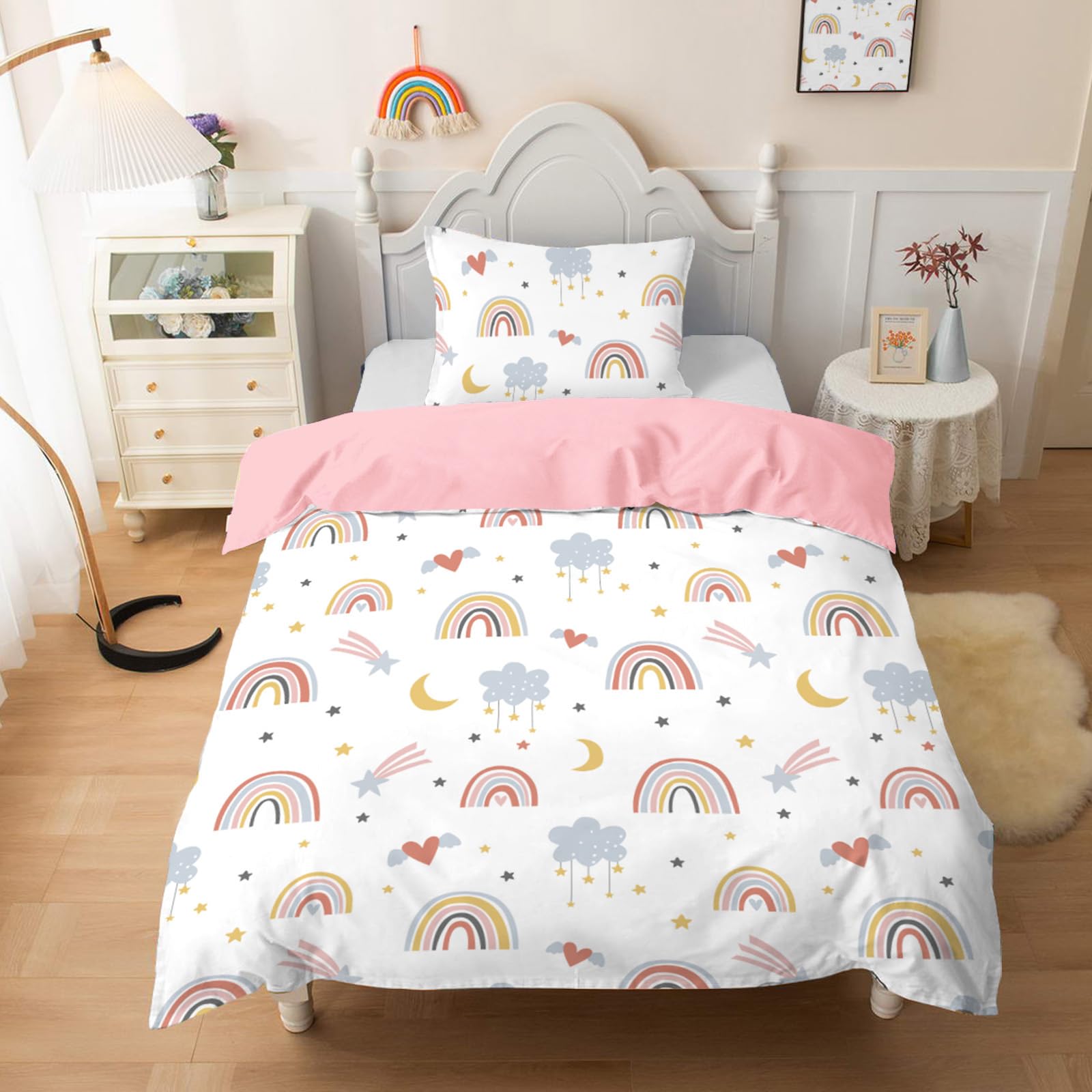 MUSOLEI Copripiumino 140 x 200 cm, per bambini, ragazza, arcobaleno, set da letto 140 x 200 cm, per bambini, 1 persona, rosa, principessa 3D, stampato