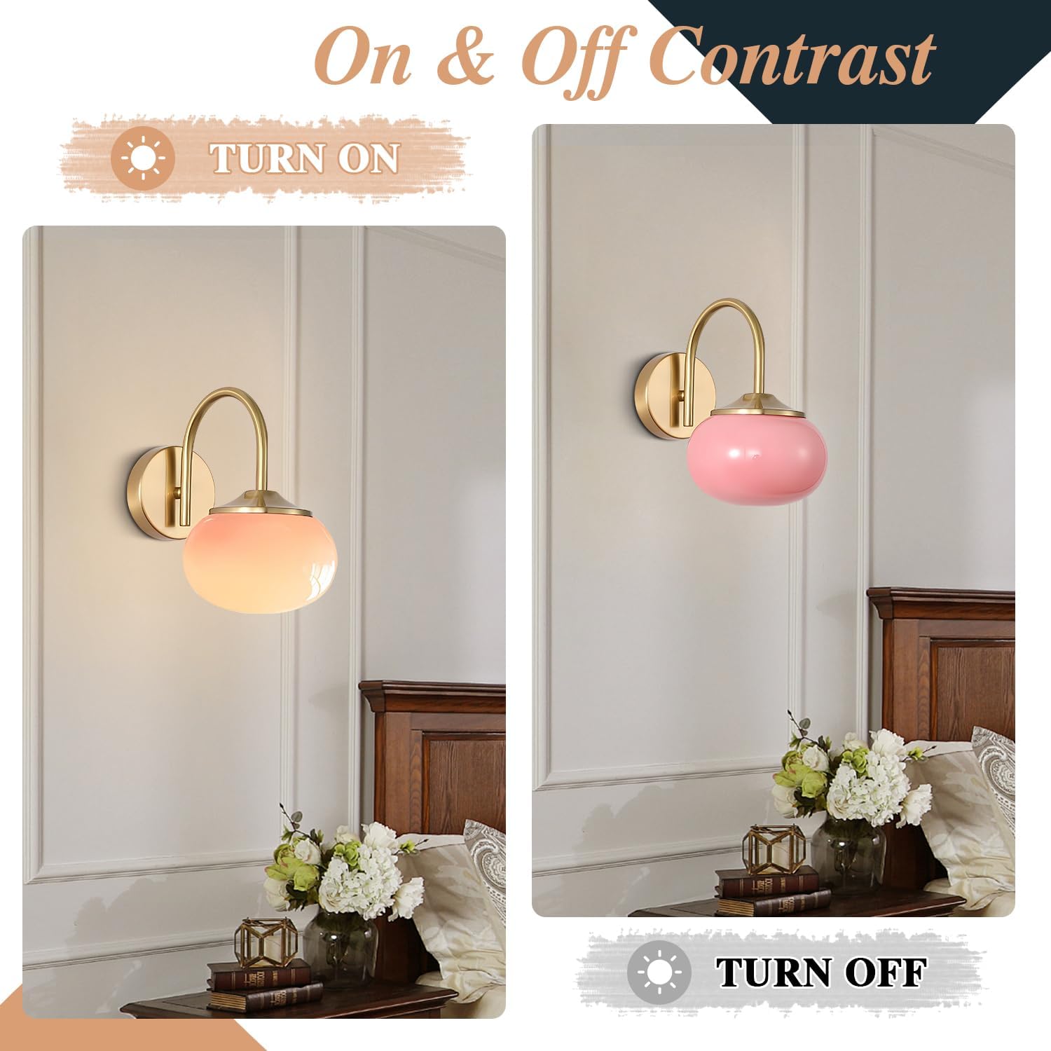 BOKT Vintage Brushed Gold Single Wall Sconces Mid Century Modern Pink Glass Wall Light Fixture Rustic Globe Wall Lamp Antique Brass Hallway Wall Mount Lights for Bedroom Bedside Living Room BWL01-P