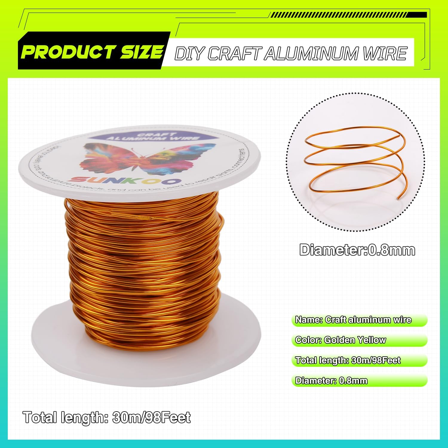 Sunkoo 20 Gauge 0.8mm Golden Yellow Aluminium Craft Wire,98.4Ft Bendable Wire for Jewellery Making Sculpting, Floristry - Image 2