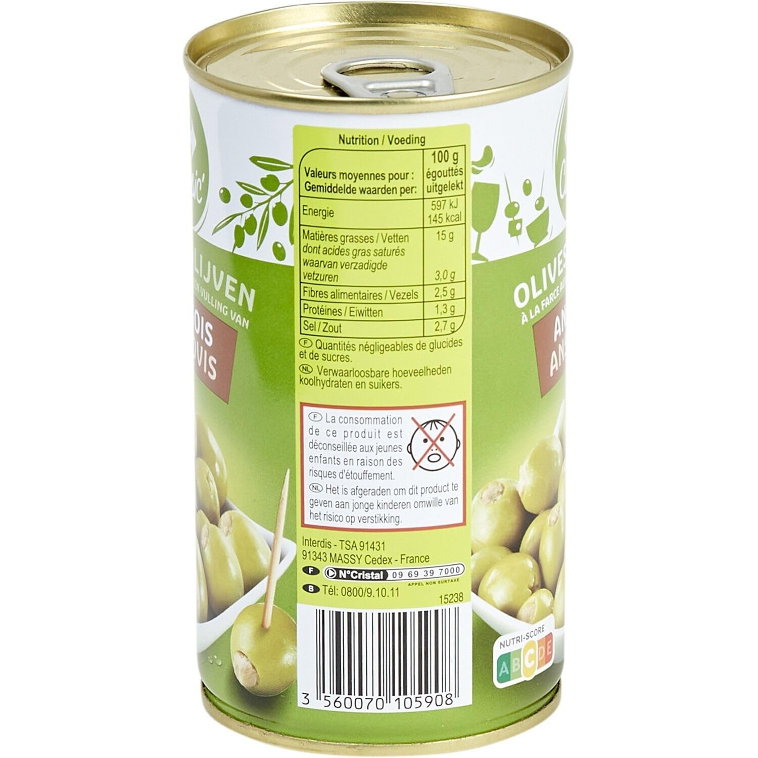 CARREFOUR CLASSIC' - Olives Vertes Manzanilla Farcies aux Anchois - Olives Pasteurisées - la boite de 150g net égoutté - 350g - Le Lot De 4