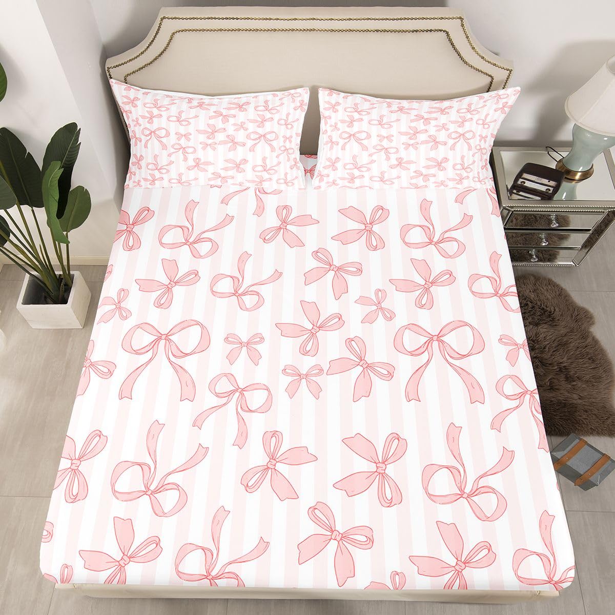 Juego de sábanas bajeras de 3 piezas con diseño de camafeo con lazo, color marrón, tamaño King (no plana), suave y suave, decoración de habitación de niñas y adultos, funda de cama romántica con rayas