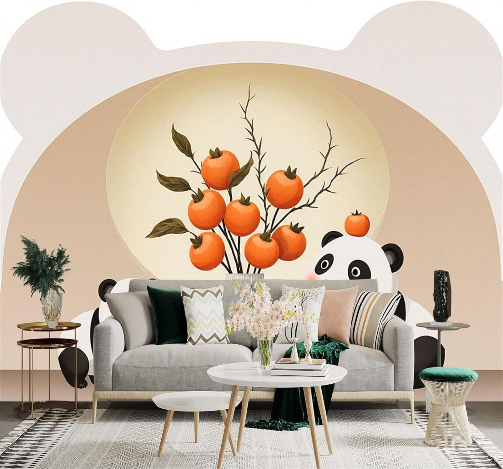 XLMING Persimmon Branches Vase Illustration Cute Panda 3D Wallpaper Silky Texture Home Study Office Grey Dining Room Sofa Bedroom Living Room TV Backdrop-350cm×256cm