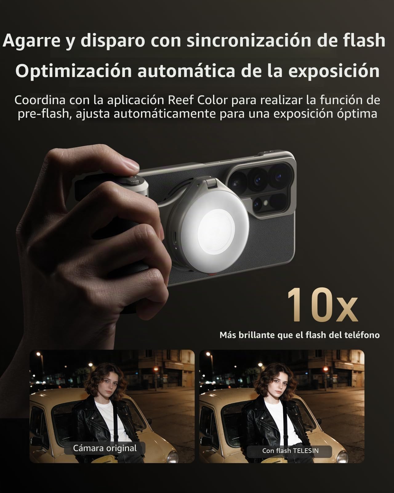 TELESIN Kit Grip Magnético Master para Samsung Galaxy S26 Ultra, Grip Cámara con Batería 3200mAh, Filtro ND16, Flash 10X con Pre-Flash y LED, Carga Inalámbrica, Empuñadura Estilo DSLR