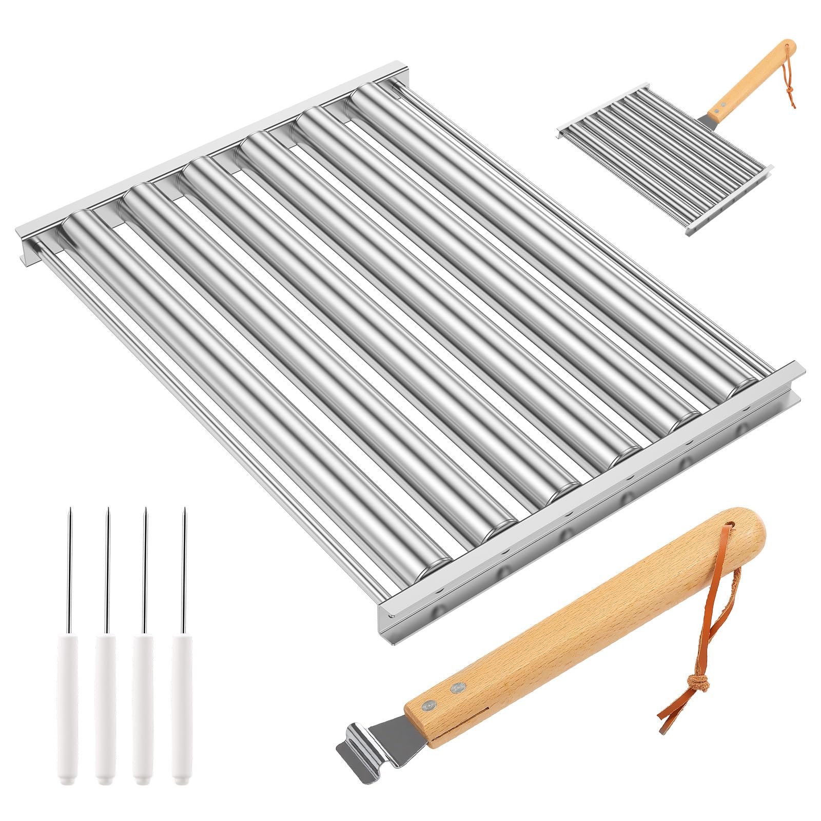 Extra Large Hot Dog Roller for Grill,9.45x7.3in Stainless Steel BBQ Sausage Roller Rack with Wooden Handle and 4 BBQ Skewers for Evenly Cooking Hotdogs Sausages,5 Hot Dog Capacity
