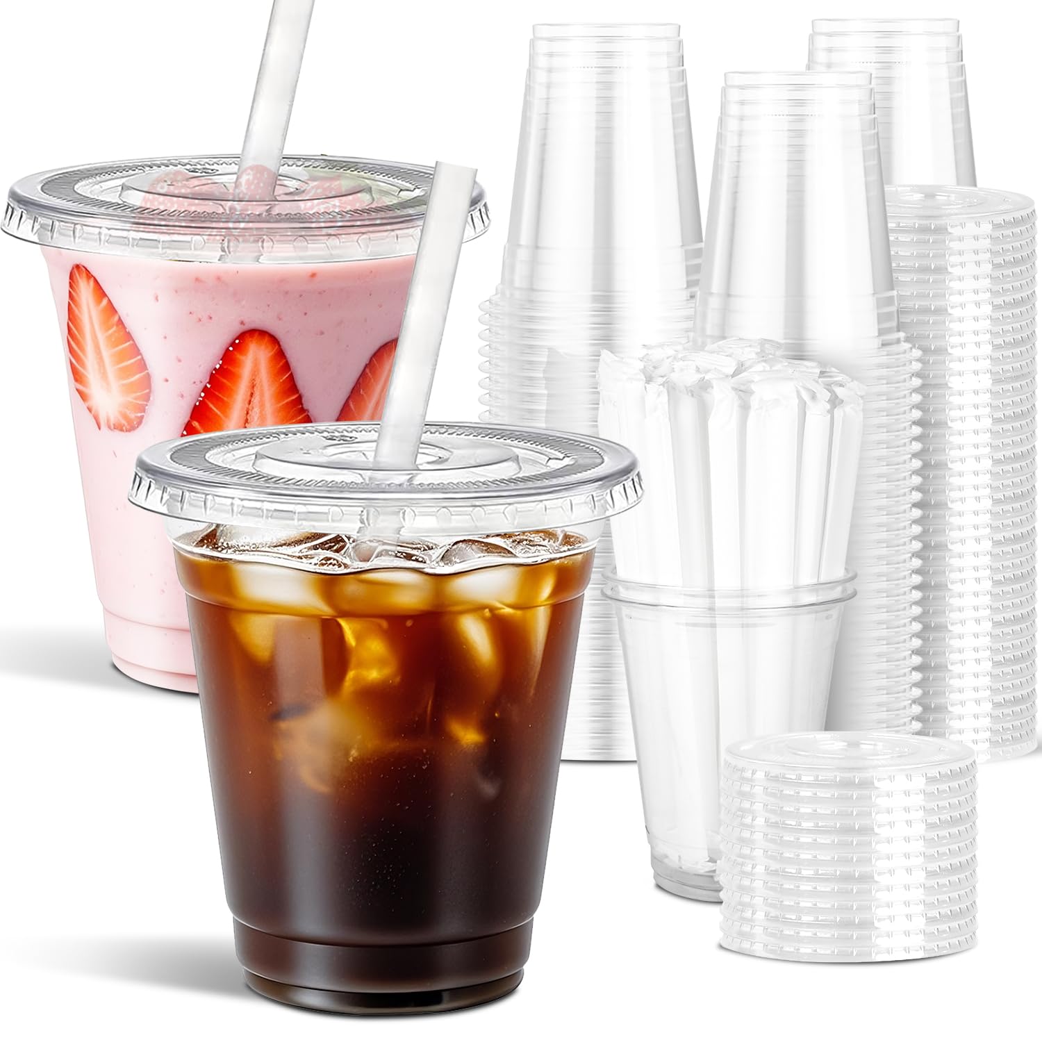 Ginkgo 100 Pack 12 oz Plastic Iced Coffee Cups with Lids and Straws