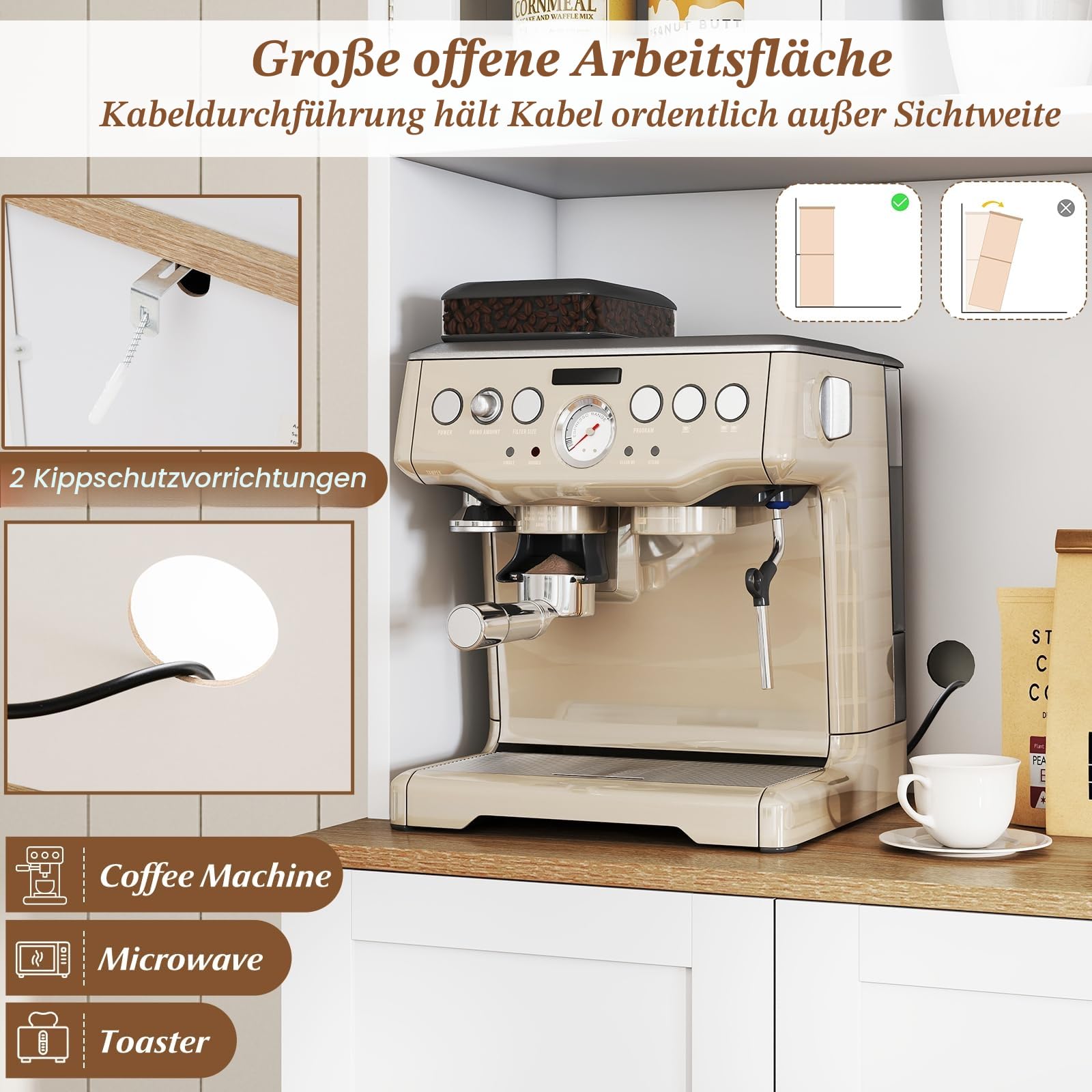 KOMFOTTEU Hohe Küchenschrank 170 cm mit verstellbaren Regalen, Buffetschrank mit Kabellöchern, Tür aus gehärtetem Glas, Buffet für Wohnzimmer, Esszimmer, Mehrzweckschrank 60 x 35 x 170 cm, Weiß