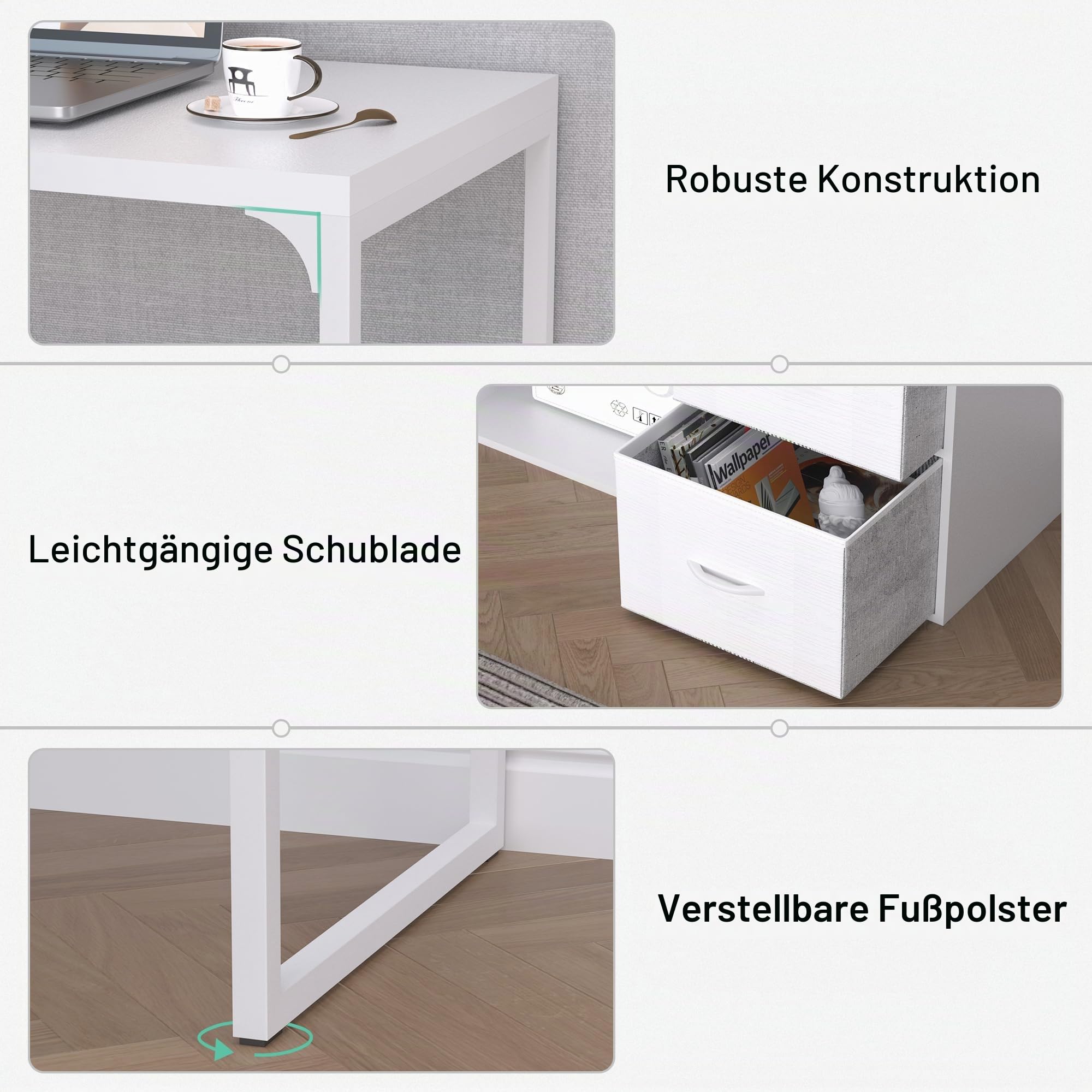 Schreibtisch L-Form mit Schubladen und Regalen, Weiß