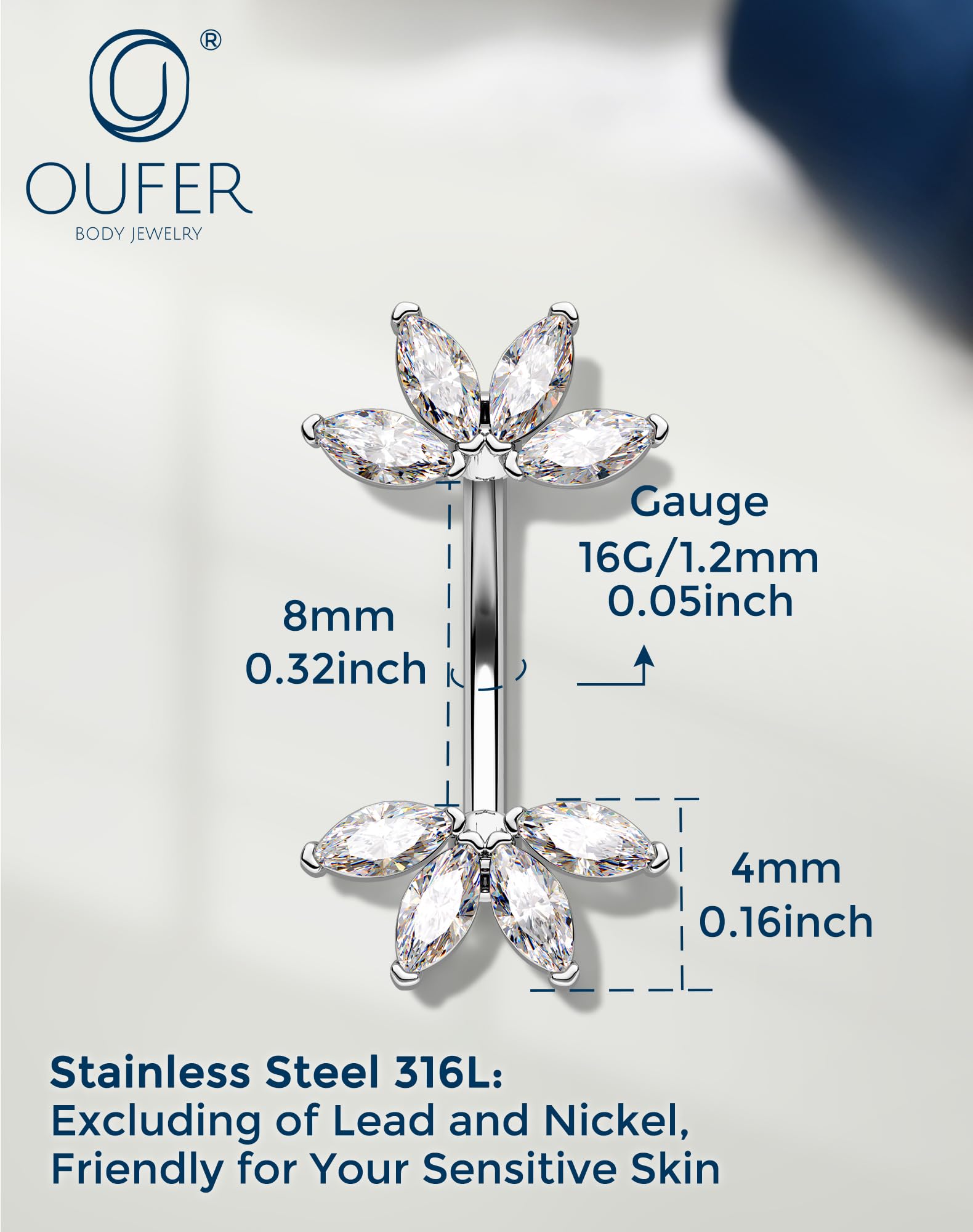 OUFER Lotus Rook Piercing Schmuck 16G Chirurgenstahl 316L Augenbrauen Piercing Klar Schwarz CZ Silber Gold Knorpel Helix Tragus Ohrringe 6 8 mm Lippenpiercing für Frauen - 2