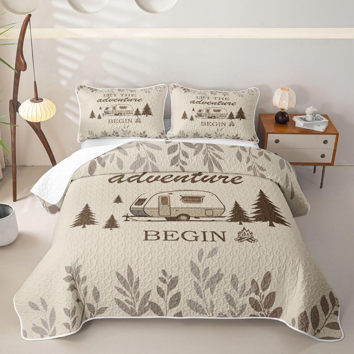 Erosebridal Camping Decor Quilt Set Queen Size for Kids Camper Campground Bedspread Coverlet Modern Leaves Quilted Blanket Mountain Adventure Theme Bedding Set for All Seasons