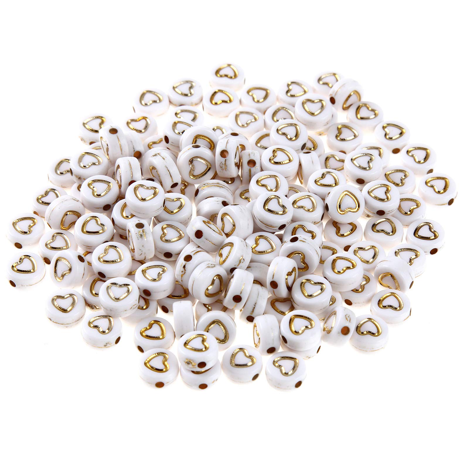 200pcs White Acrylic Heart Beads 7mm Flat Round Pony Disc Coin with Gold Hollow Heart Pattern Loose Spacer Beads for DIY Bracelet Jewelry Making - Image 2