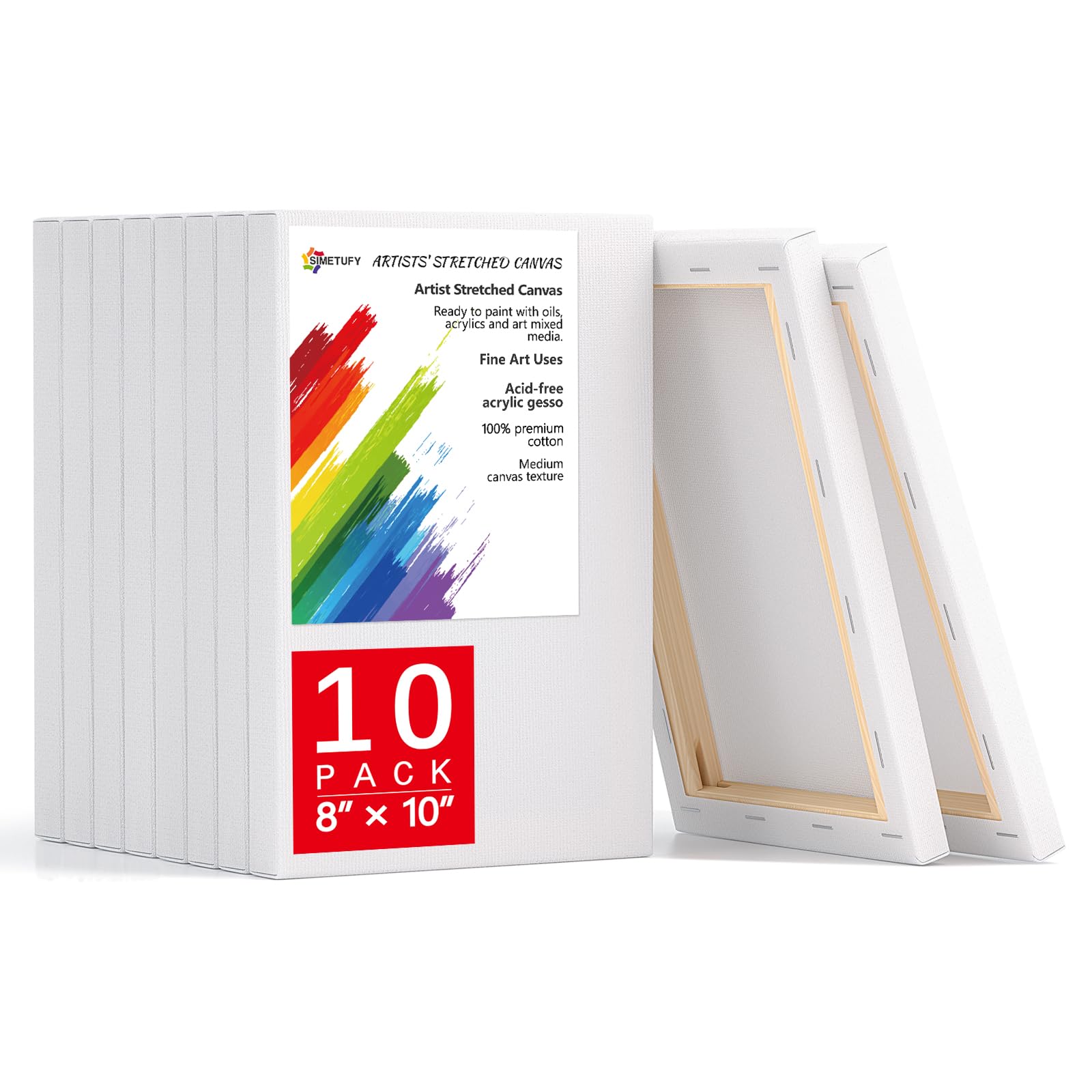 Simetufy 8x10 Inch Stretched Canvas for Painting, 10 Pack 100% Cotton Professional Blank Canvas, Canvases for Painting Using Acrylic Paint or Oil (Pre-Primed)