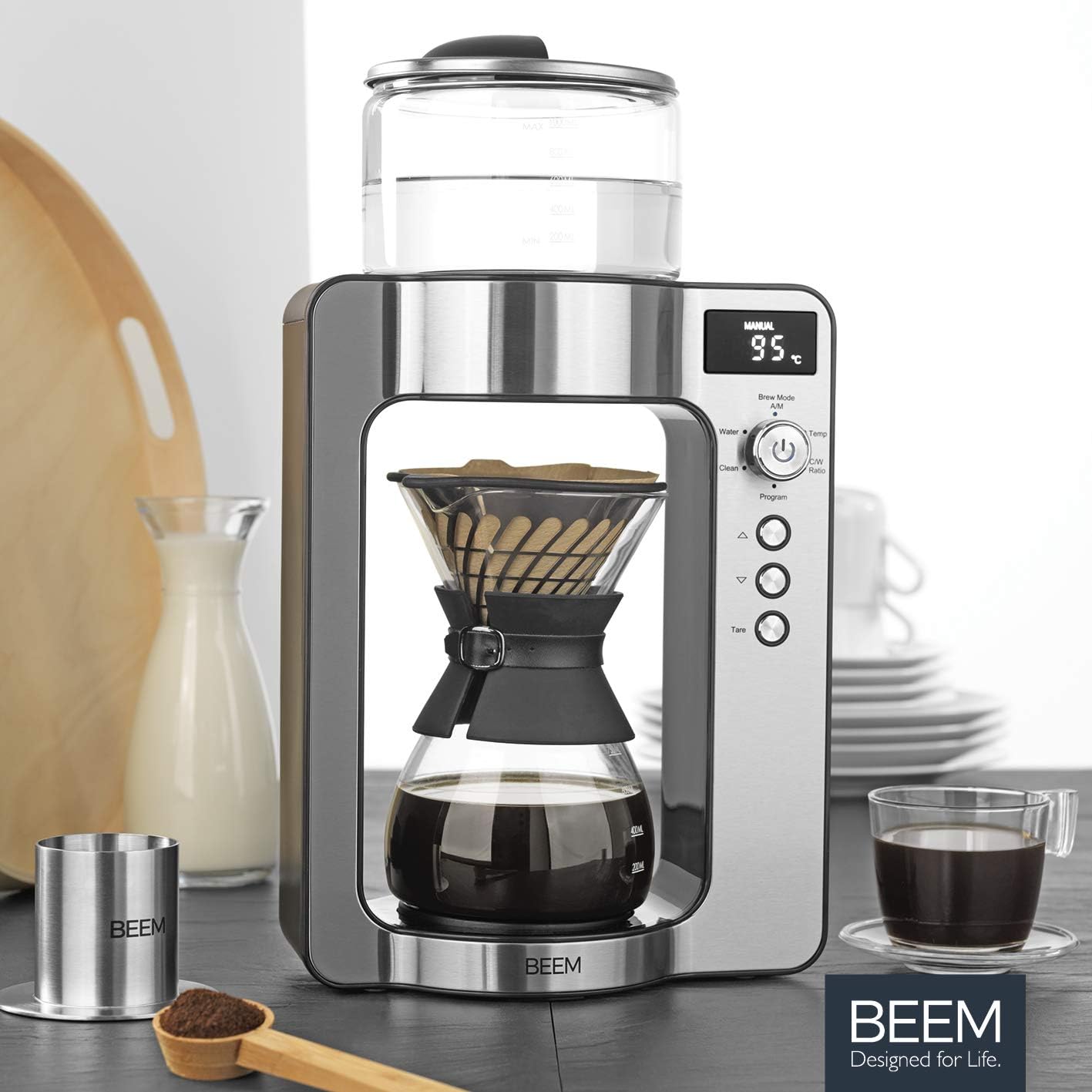 Beem 03597 - Caffettiera Pour Over con filtro in vetro e bilancia Basic Selection, in acciaio INOX, con caraffa in vetro da 0,75 l, sistema di erogazione diretta, testina rotante