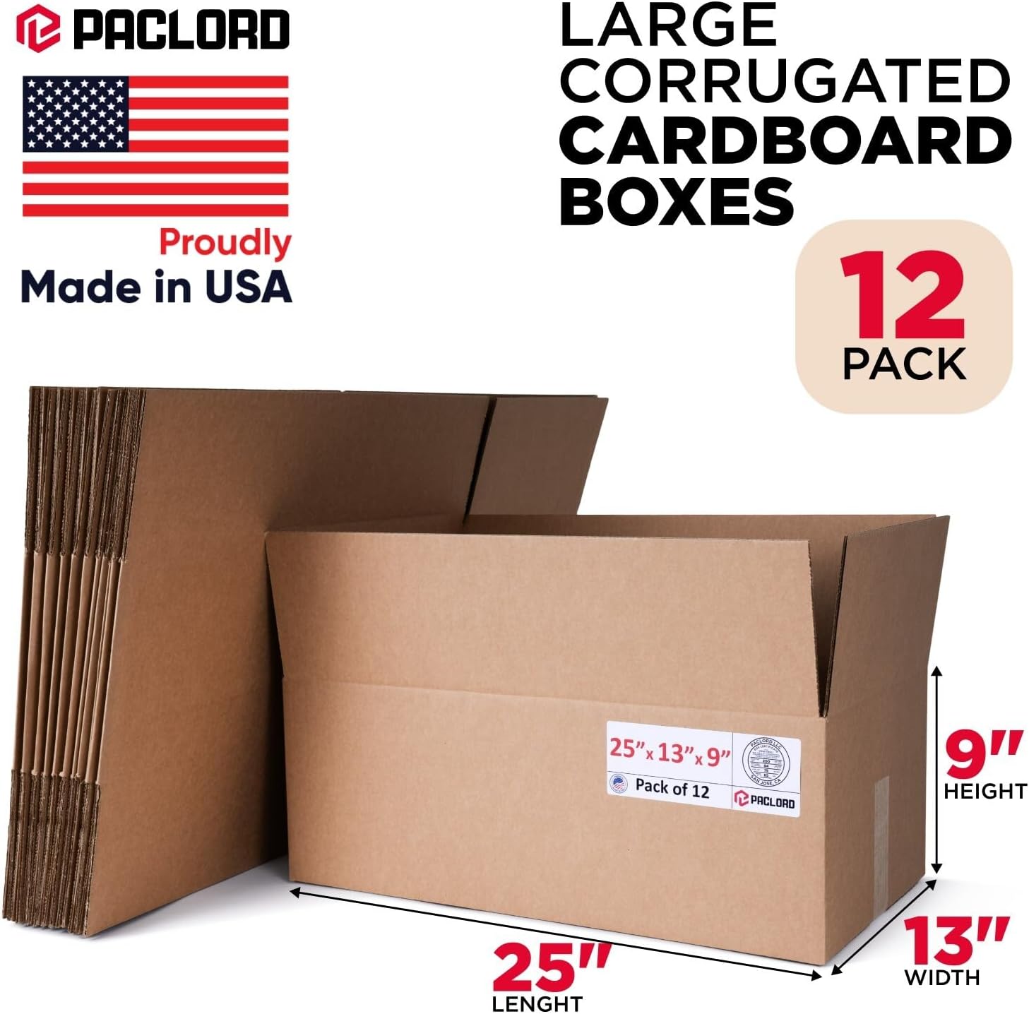 Large Cardboard Boxes 25"L x 13"W x 9"H (Pack of 12) - USA-Made Packing Boxes for Moving, Shipping, or Storage - USPS, UPS, FedEx Approved - Professional Packing Supplies for Moving