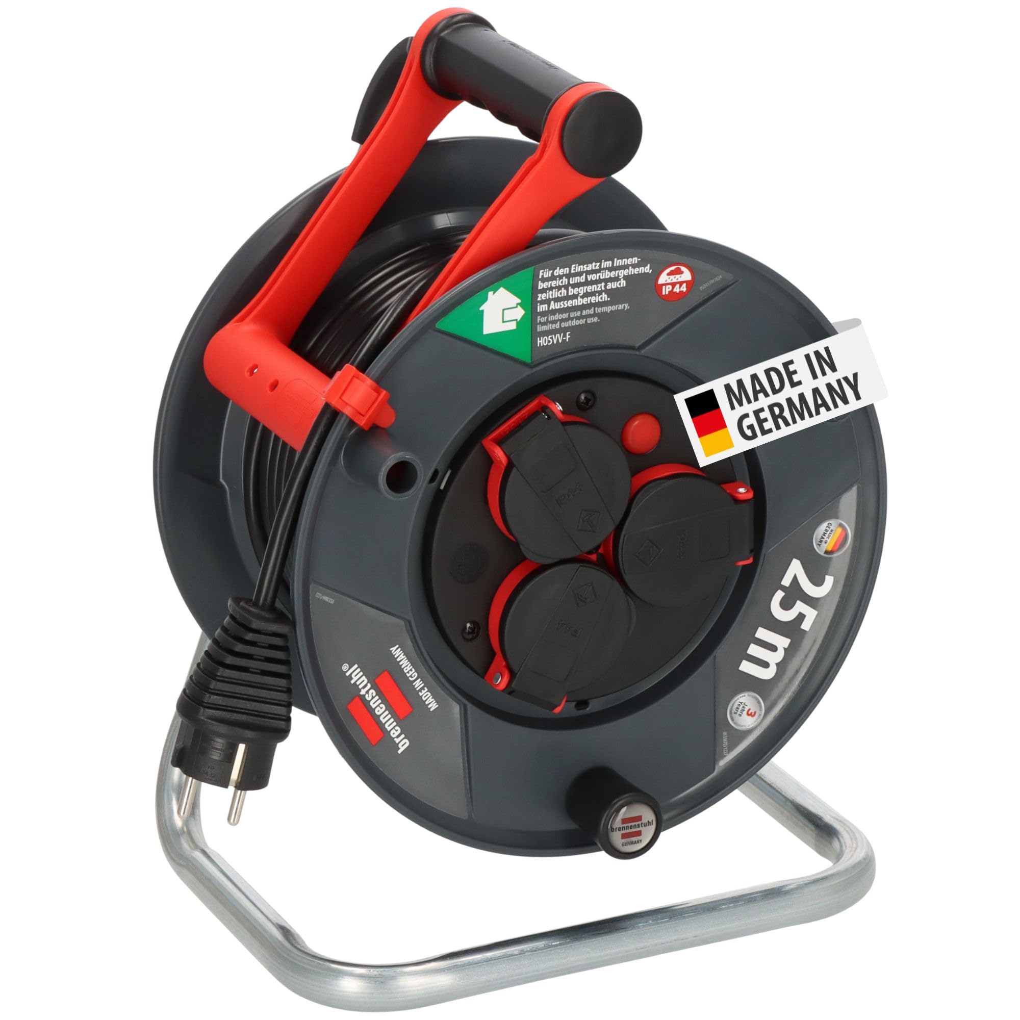 Brennenstuhl Garant, Avvolgicavo per esterni, IP44, 25 m (Made in Germany, 3 prese di sicurezza con migliore protezione da tocco, plastica speciale)