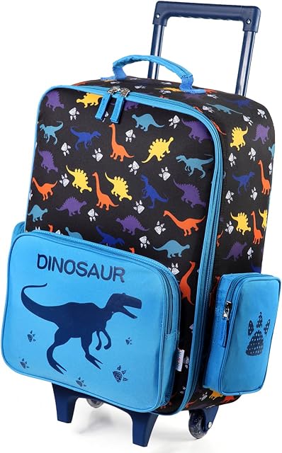 VASCHY Children's Luggage, Cute Kids Suitcases Dinosaur Suitcases on Wheels Trolley Hand Luggage for School Trips, Travel, Weekend for Boys, Girls, 18 Inch, Black Dinosaur