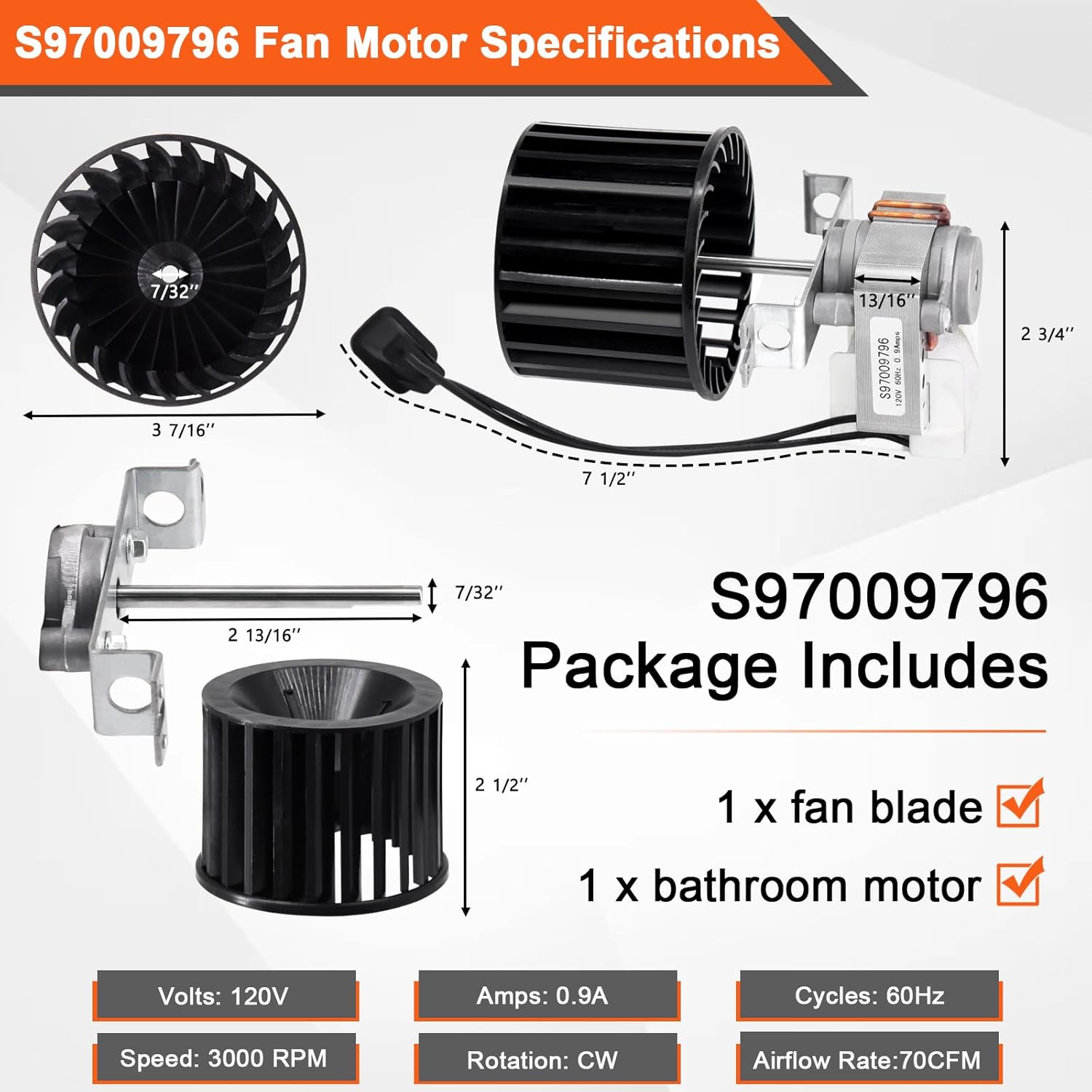 Hiorucet 9417DN-R01 Exhaust Fan, S97009796 Bathroom Fan Motor for Nutone Broan Water Heater Fan 162 162-K 162-J 162-L 162-G 162-E 162-M 164 164-K 164-G/E/J/L/M, 9417DN-R01 9427P-R01, Replaces 99080351