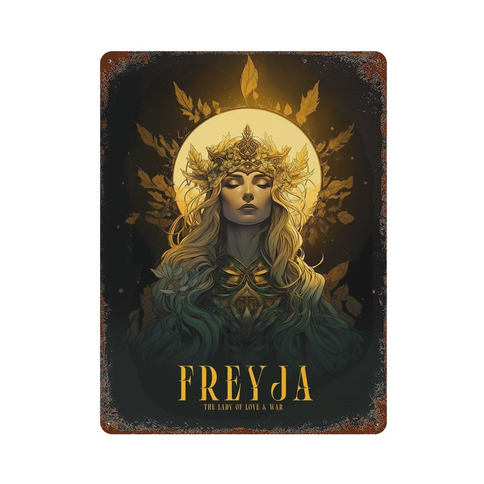 Freyja Rusty Metal Tin Sign 15.7"x11.8", Industrial Home Decor for Garage, Pub Or Kitchen