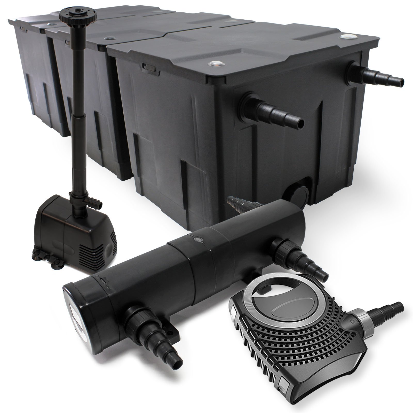 Wiltec Kompletny zestaw: CBF-350C filtr do oczka wodnego do 90000 l, filtr przepływowy, NEO10000 pompa do oczka wodnego 10000 l/h, 80 W, CUV-236, oczyszczacz stawu UVC 36 W, HJ-943 pompa fontannowa