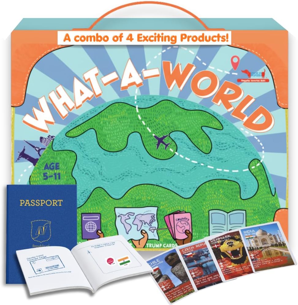 CocoMoco Kids What a World 4-in-1 Geography Activity Kit for Kids 6-10 Years | World Map Poster, Country Trump Cards, Travel Scrapbook & Play Passport | Christmas Gift Educational Return Gifts for Birthday Boys & Girls