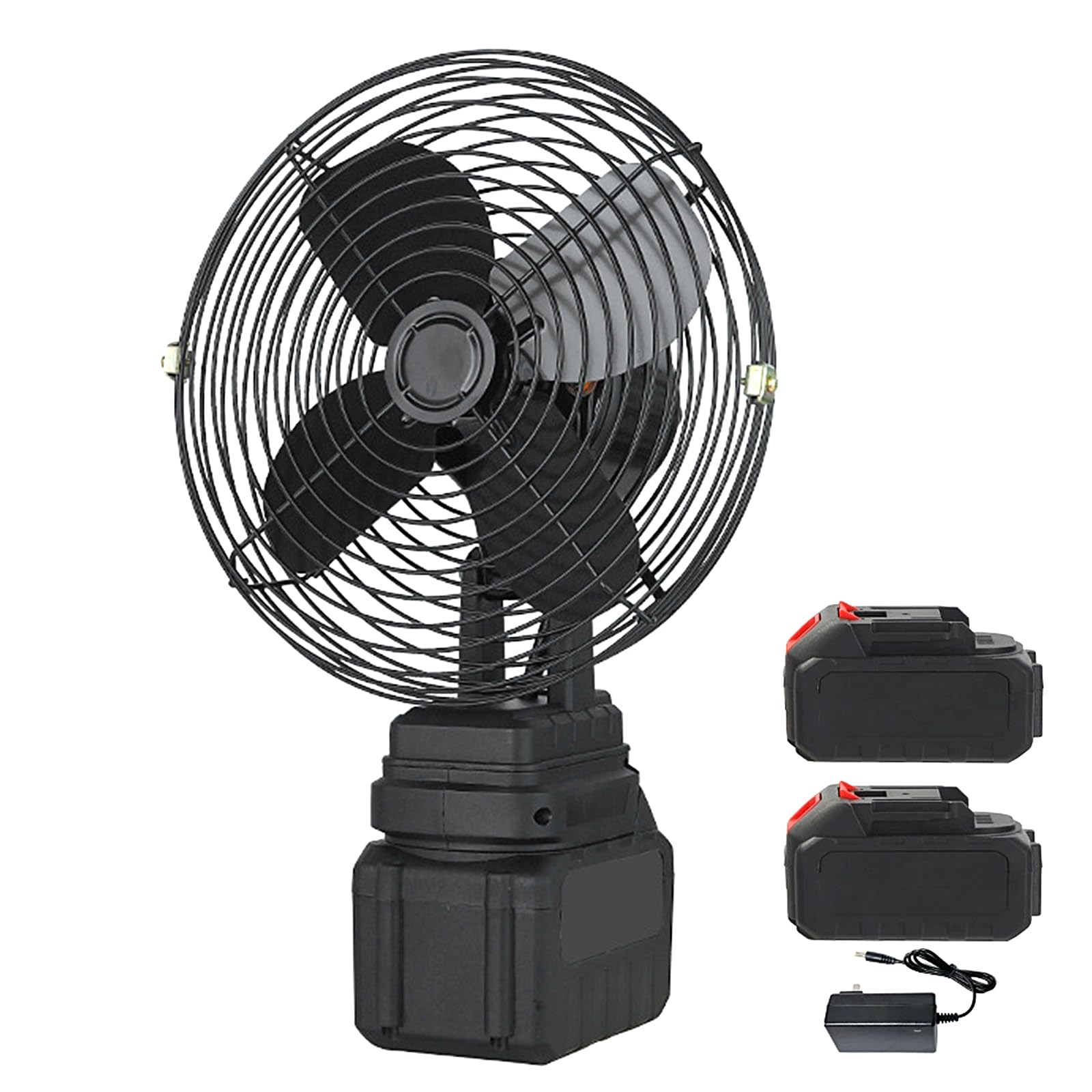 Ventilatore Metallico Ricaricabile 8 Pollici, Ventilatore Senza Fili con 2 Batterie 3000mAh, 2 Velocità Regolabile per Campeggio, Officina, Casa (2 Batterie + 1 Caricatore)