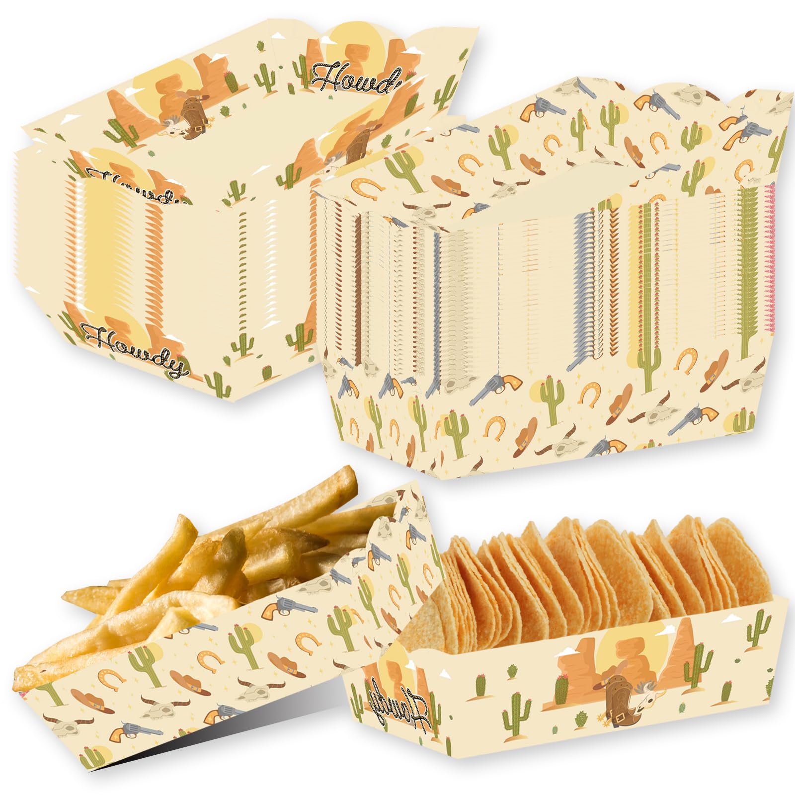 SYUCVQI 50 Pcs Western Rodeo Paper Food Trays for Wild West Party Decorations, 7 * 5 inch Disposable Western Plates for Snacks Dessert for Howdy