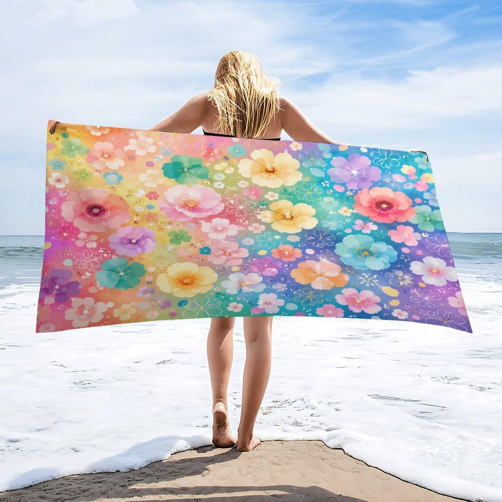 Anceky Colorful Floral Beach Towel 32"×63",Soft Microfiber Bath Towel Shawl, Quick Dry Absorbent Pool Spa Gym Shower Towel