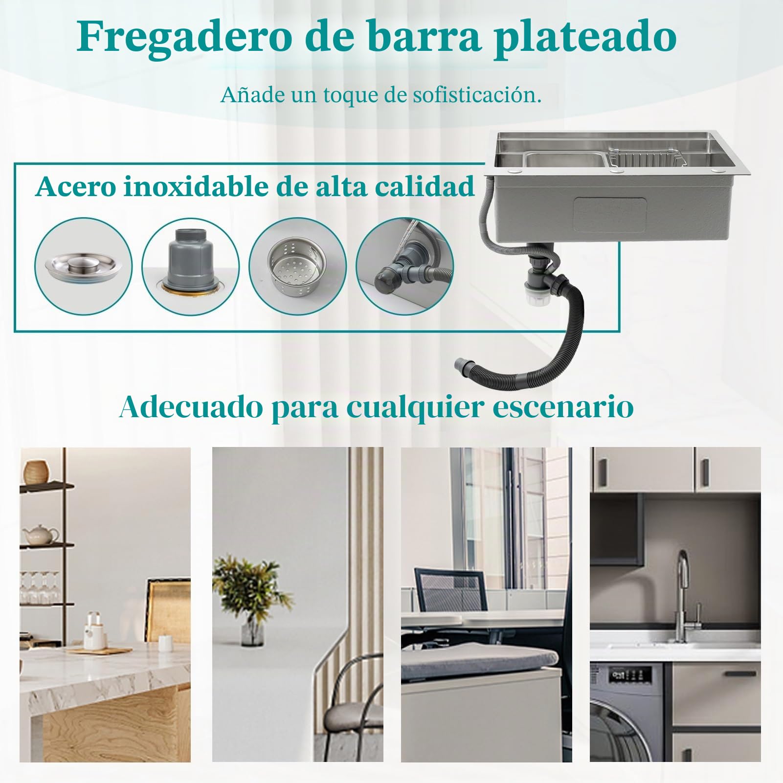 Fregadero Grande de Cocina 80x50cm, Acero Inoxidable 304 Cepillado, 1 Seno, con Tabla Cortar Inox, Escurridor, Rejilla y Kit Desagüe Completo, para Bajoencimera o Sobremesa