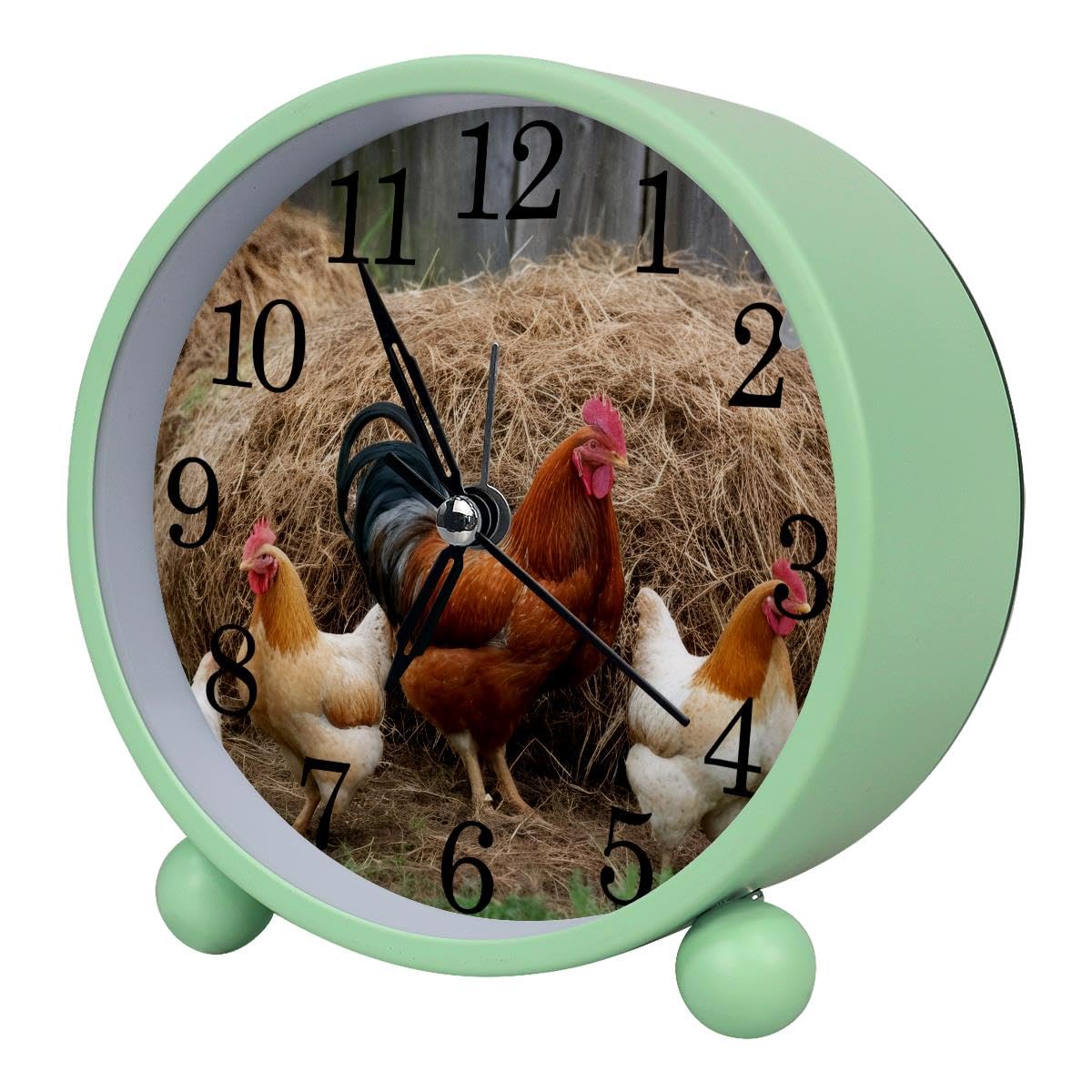 Luoweisi Alarm Clock Farmhouse Rooster Chicken, Silent Non-Ticking with Night Light, Round Metal Alarm Clock for Office, Battery Operated, Bedroom, Elderly, Adults, Children, Student Gifts