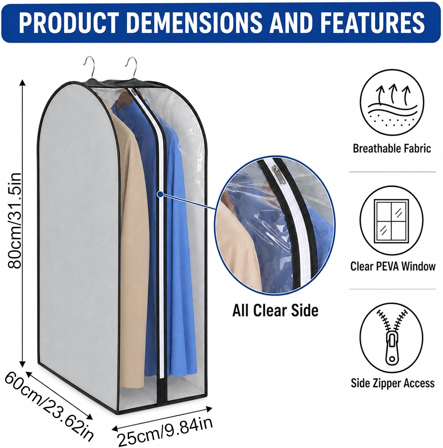 Gusseted Garment Bags for Hanging Clothes, 31.5 Inch Long Clear Sides